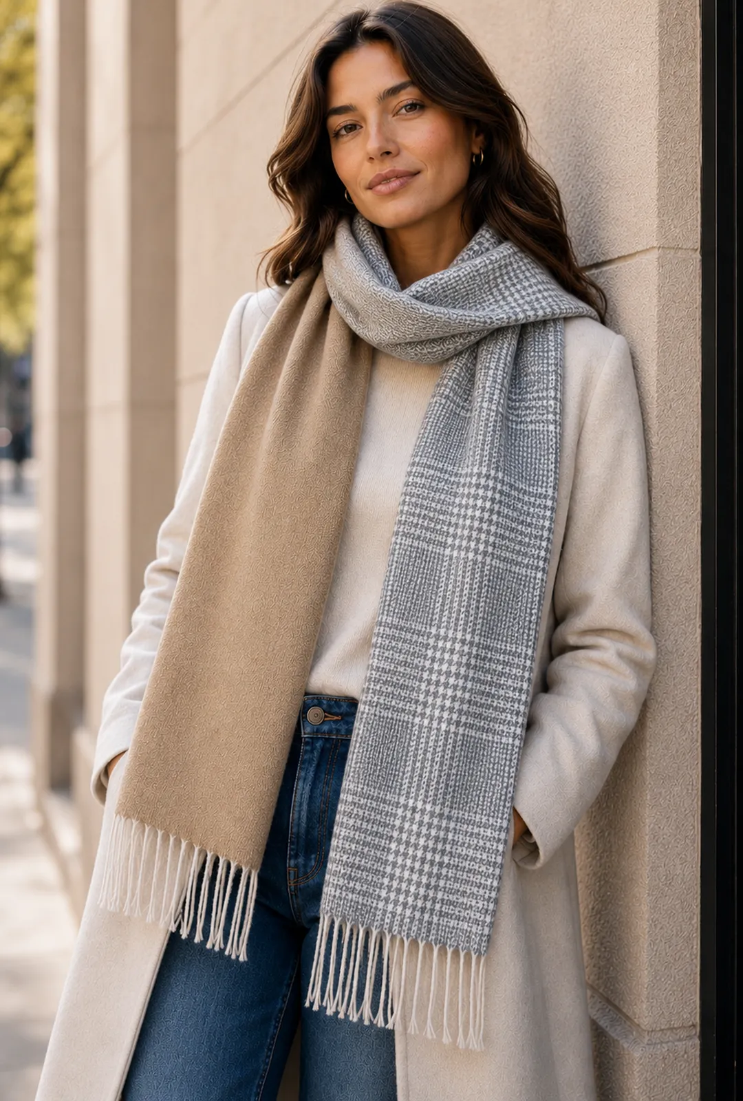 Grey Camel Wavy Gradient Check Scarf