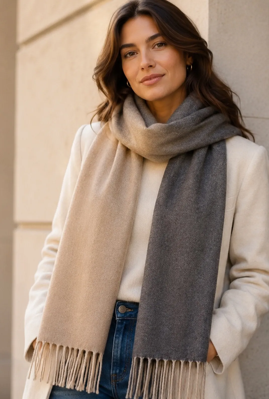 Inis Aran Coffee Ripple Scarf in Coffee Camel 160g fringe scarf woven from soft Merino lambswool with a harmonious ombré gradient in coffee brown and camel