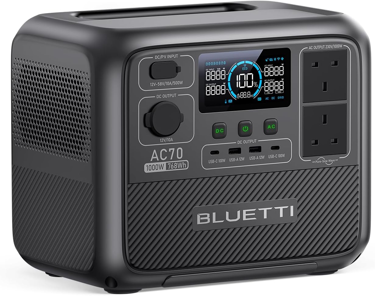 BLUETTI AC70 estación de energía portátil - Batería LiFePO4 de 768 Wh - Dos tomas CA de 1000 W y pico de 2000 W - Puerto USB C de 100 W-Mavoraadecor