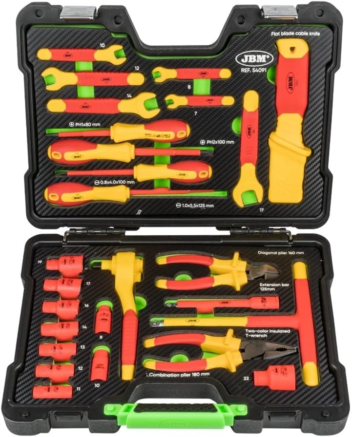 JBM 54091 maletín VDE para electricistas - Juego de 26 herramientas aisladas - Acero al carbono - Alicates llaves vasos y destornilladores manuales-Mavoraadecor