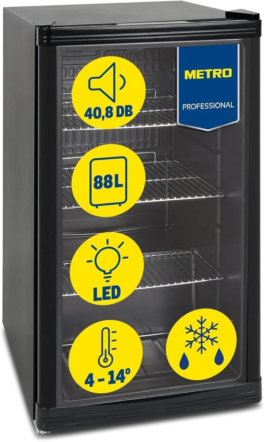 METRO Professional GPC 1088 Mini frigorífico - Capacidad de 88 L y puerta de cristal - Estante interior ajustable - Descongelación automática y acabado negro para hostelería-Mavoraadecor