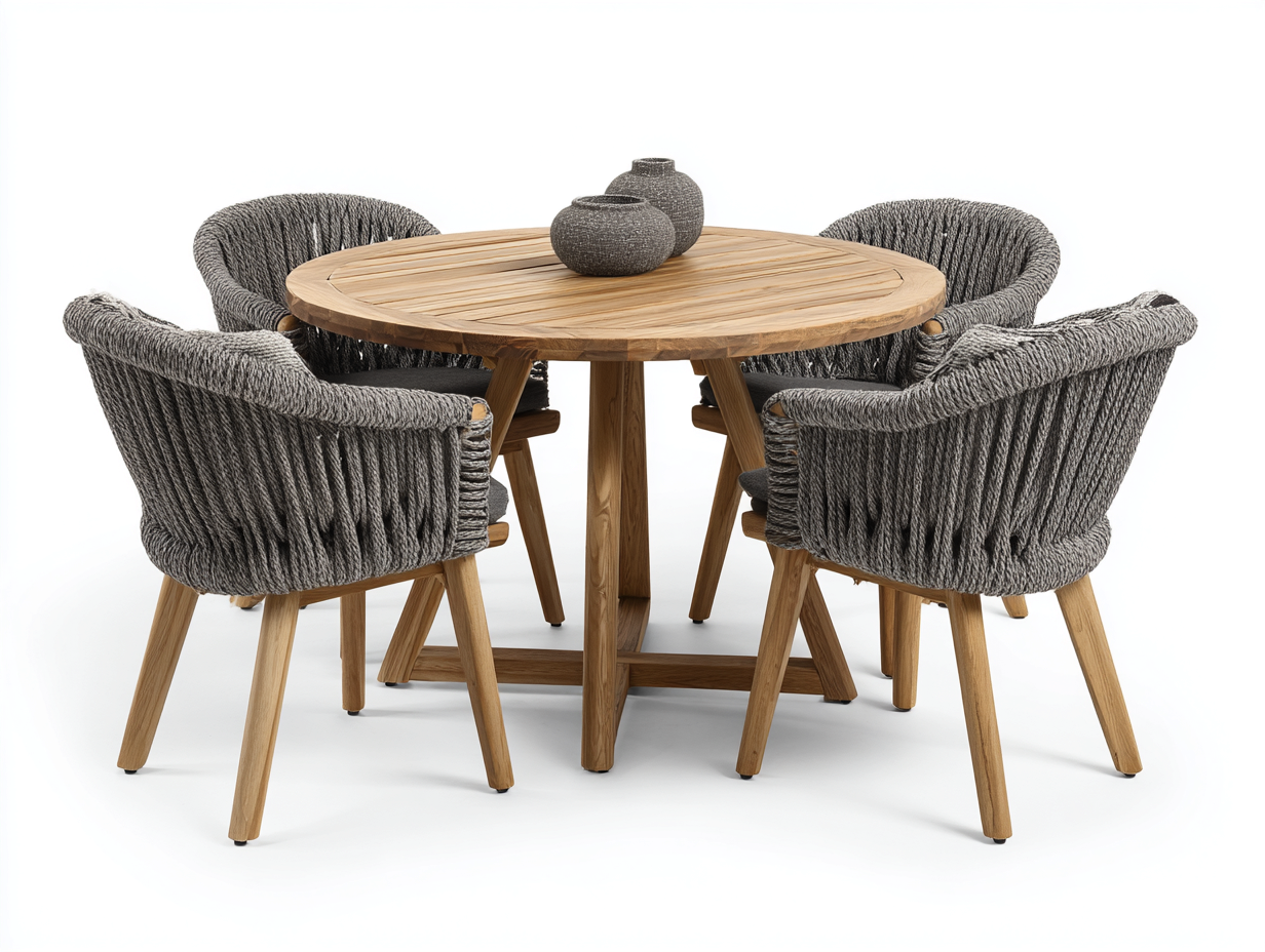 Conjuntos de comedor de jardín madera y cuerda 120x120x75 cm - marrón-gris - mesa redonda con 4 sillas diseño moderno-Mavoraadecor