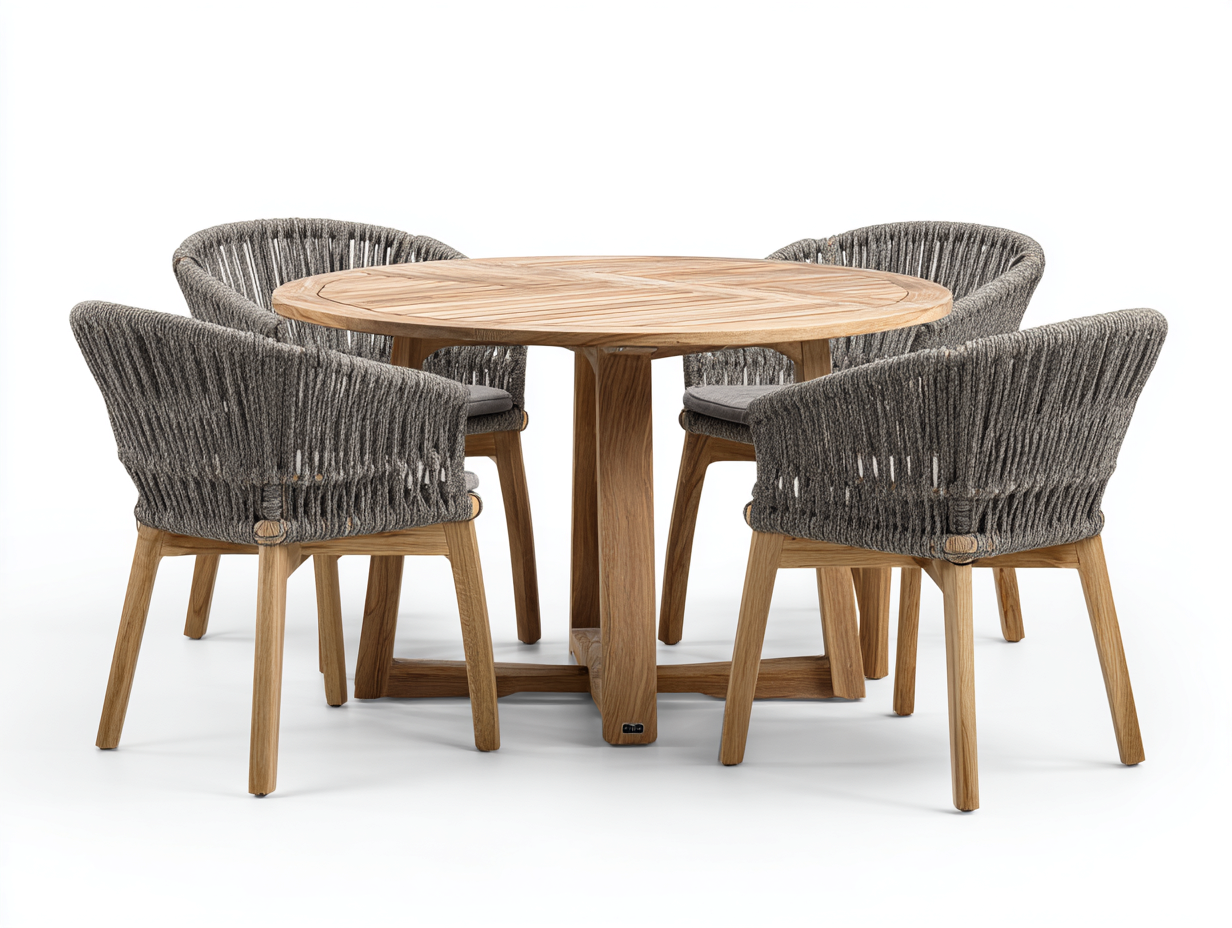 Conjuntos de comedor de jardín madera maciza 120x120x75 cm - natural-gris - mesa redonda y 4 sillas - diseño moderno-Mavoraadecor