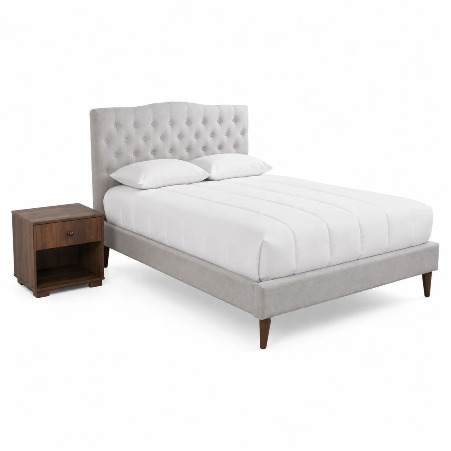 Letto in Tessuto Grigio con Comodino in Legno
