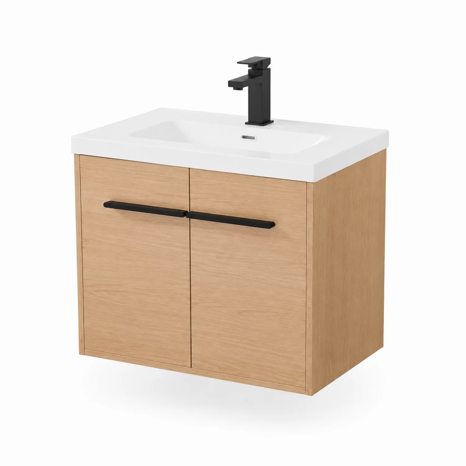 Mobile lavabo sospeso in MDF rovere con lavabo in ceramica bianco
