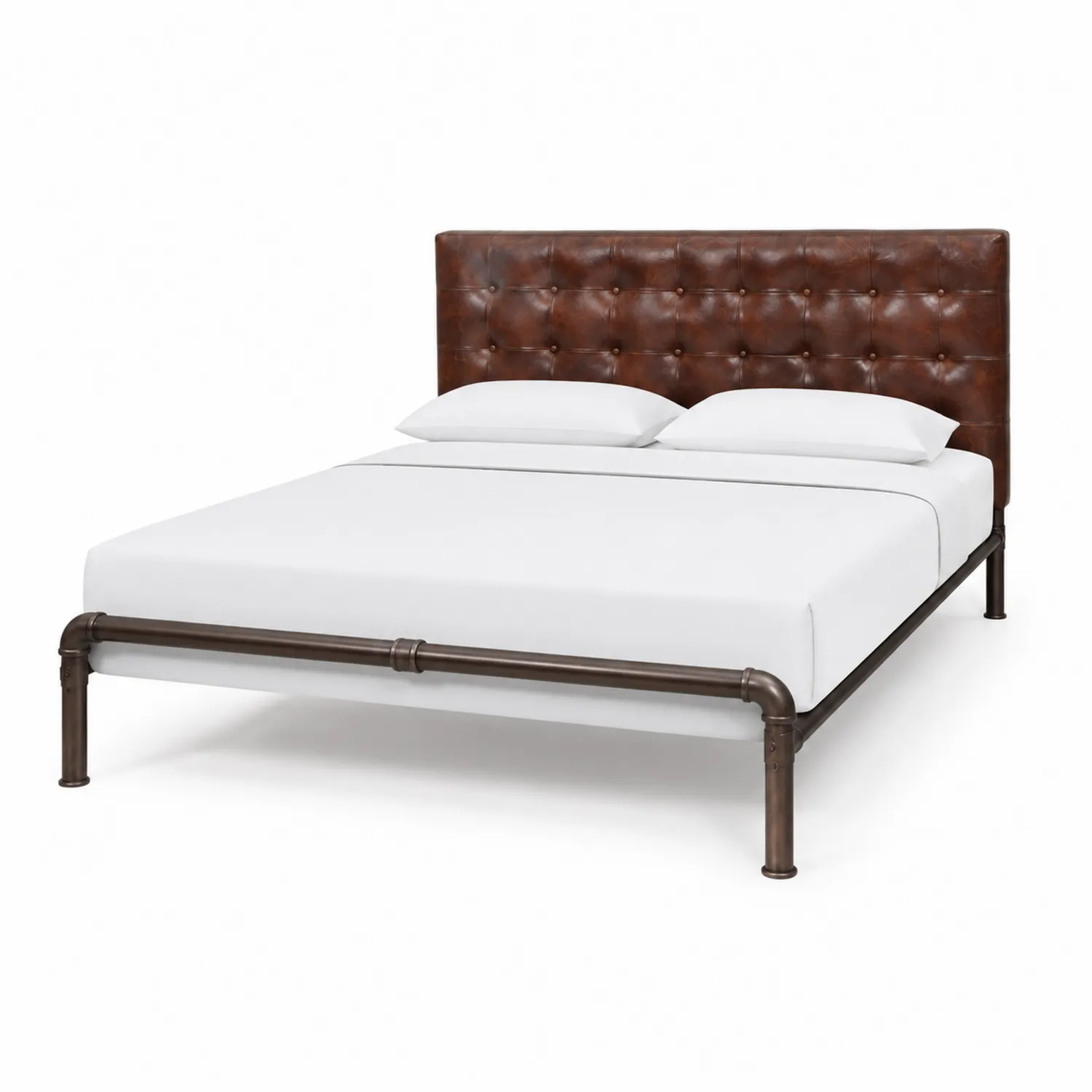 Letto matrimoniale con testiera in pelle sintetica marrone e struttura in metallo