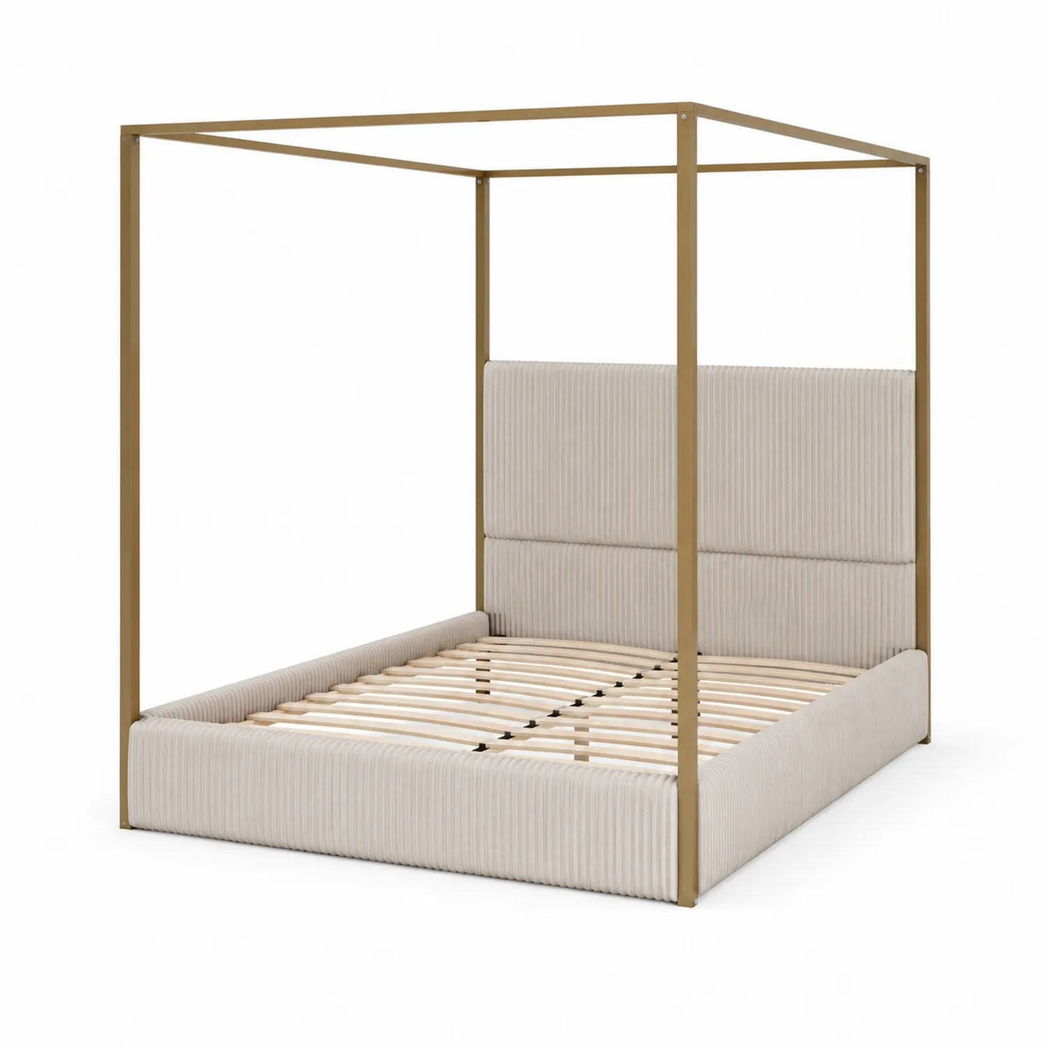 Letto baldacchino in metallo e velluto a coste crema 200x160 cm