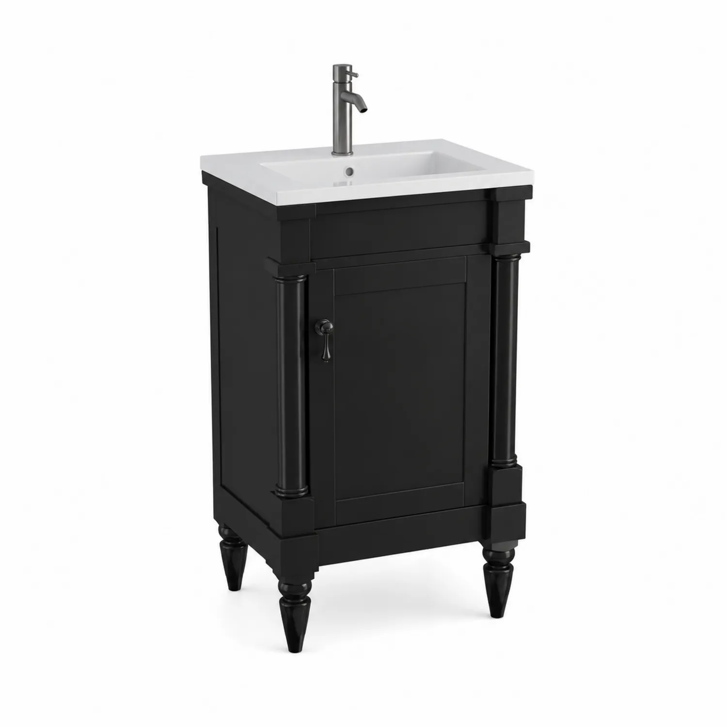 Mobile bagno nero con lavabo in ceramica e struttura in legno