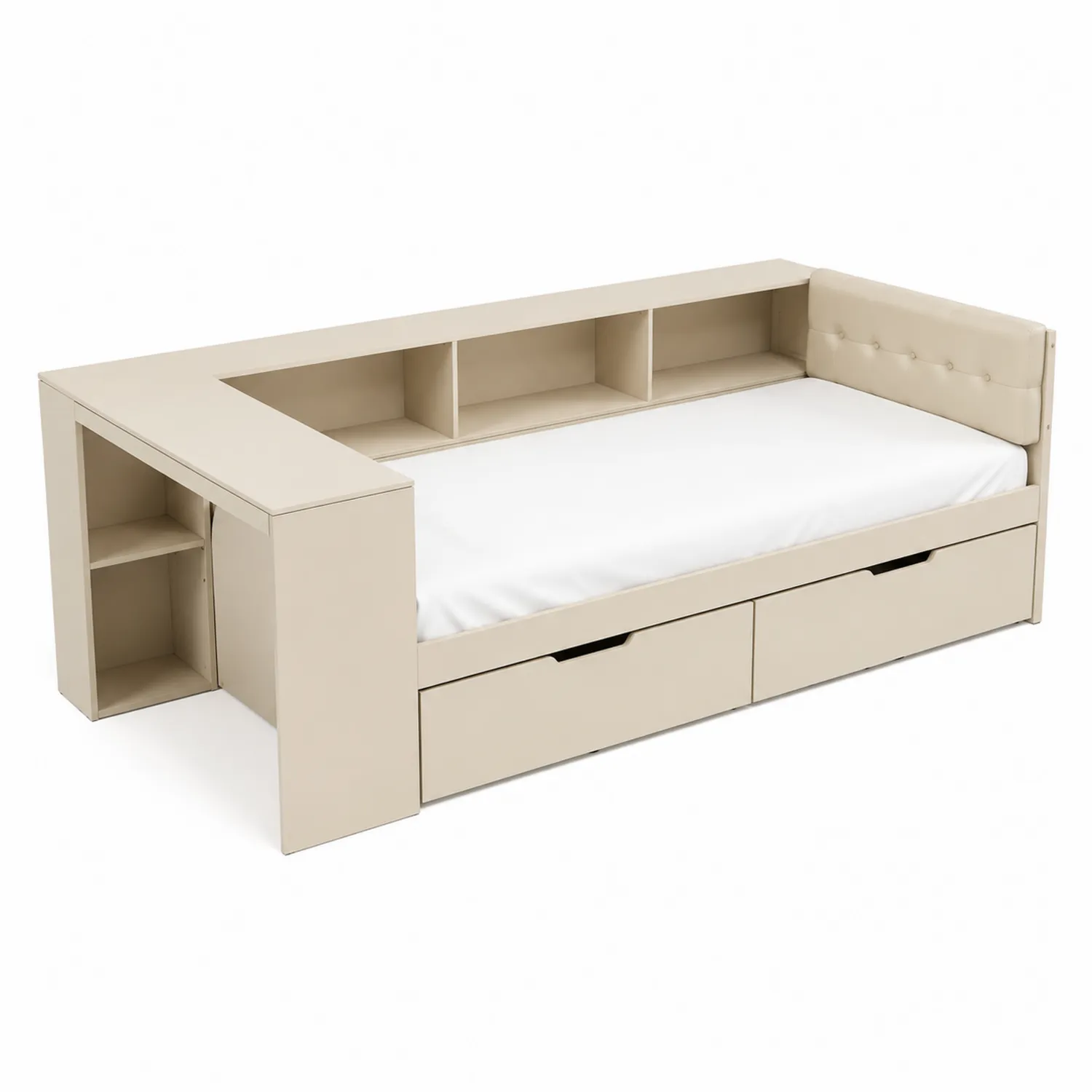 Letto singolo in ecopelle beige con libreria e cassetti