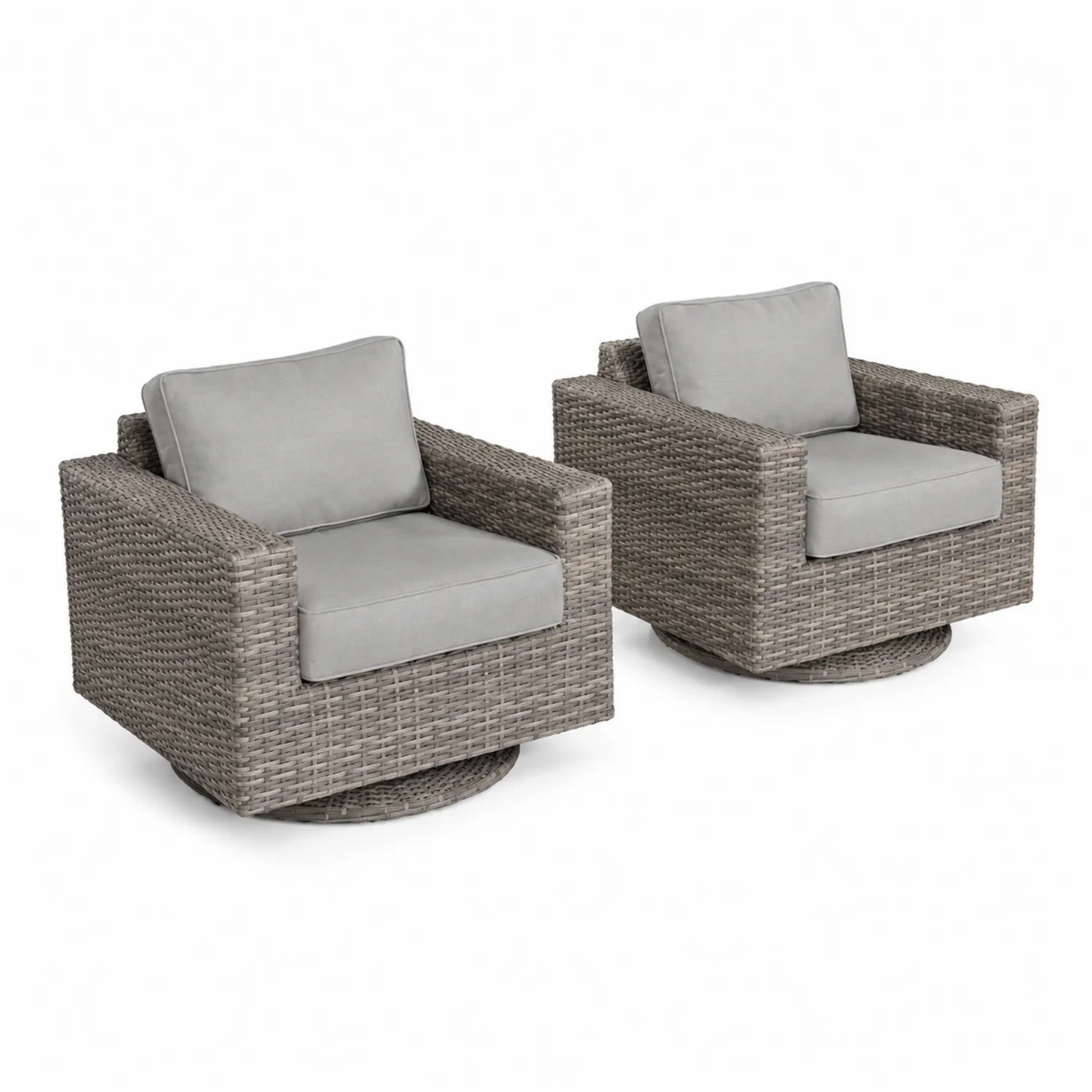 Set di poltrone da giardino rotanti in rattan con cuscini grigi