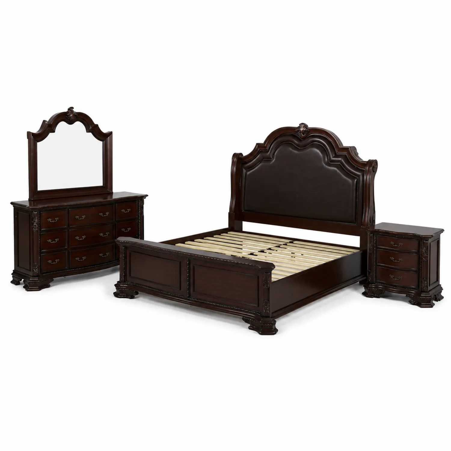 Set Camera da Letto in Legno Massello e Ecopelle Marrone Scuro con Letto, Comodino e Cassettiera