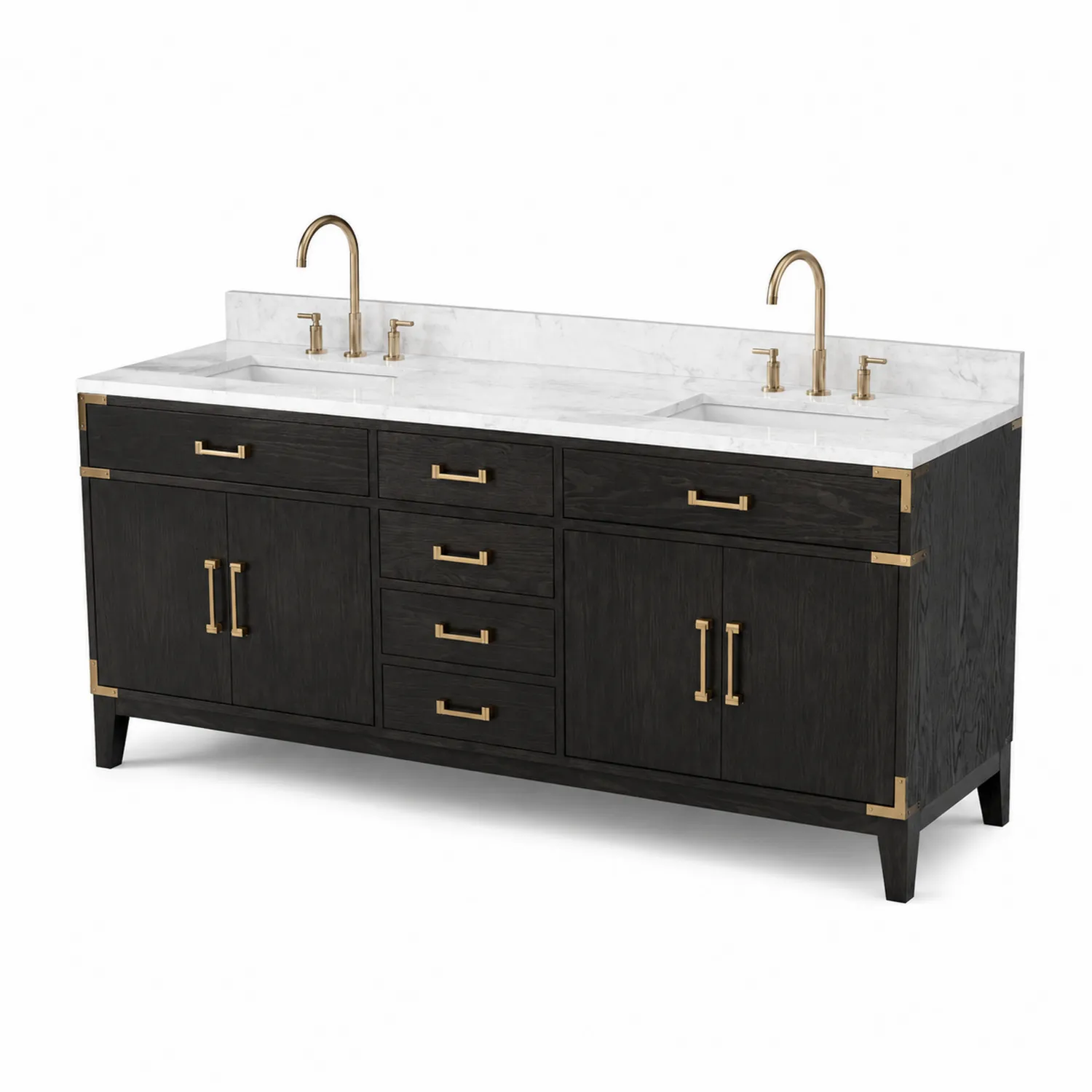 Mobile da bagno in legno scuro con doppio lavabo in marmo