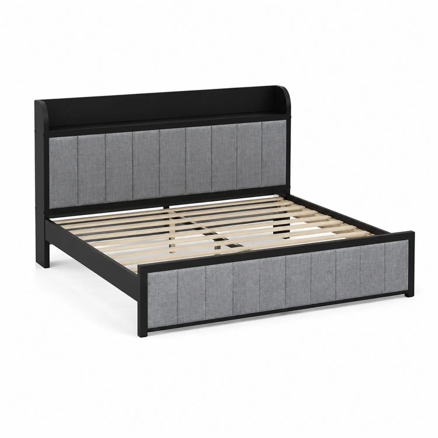 Letto matrimoniale in legno e tessuto poliestere grigio e nero