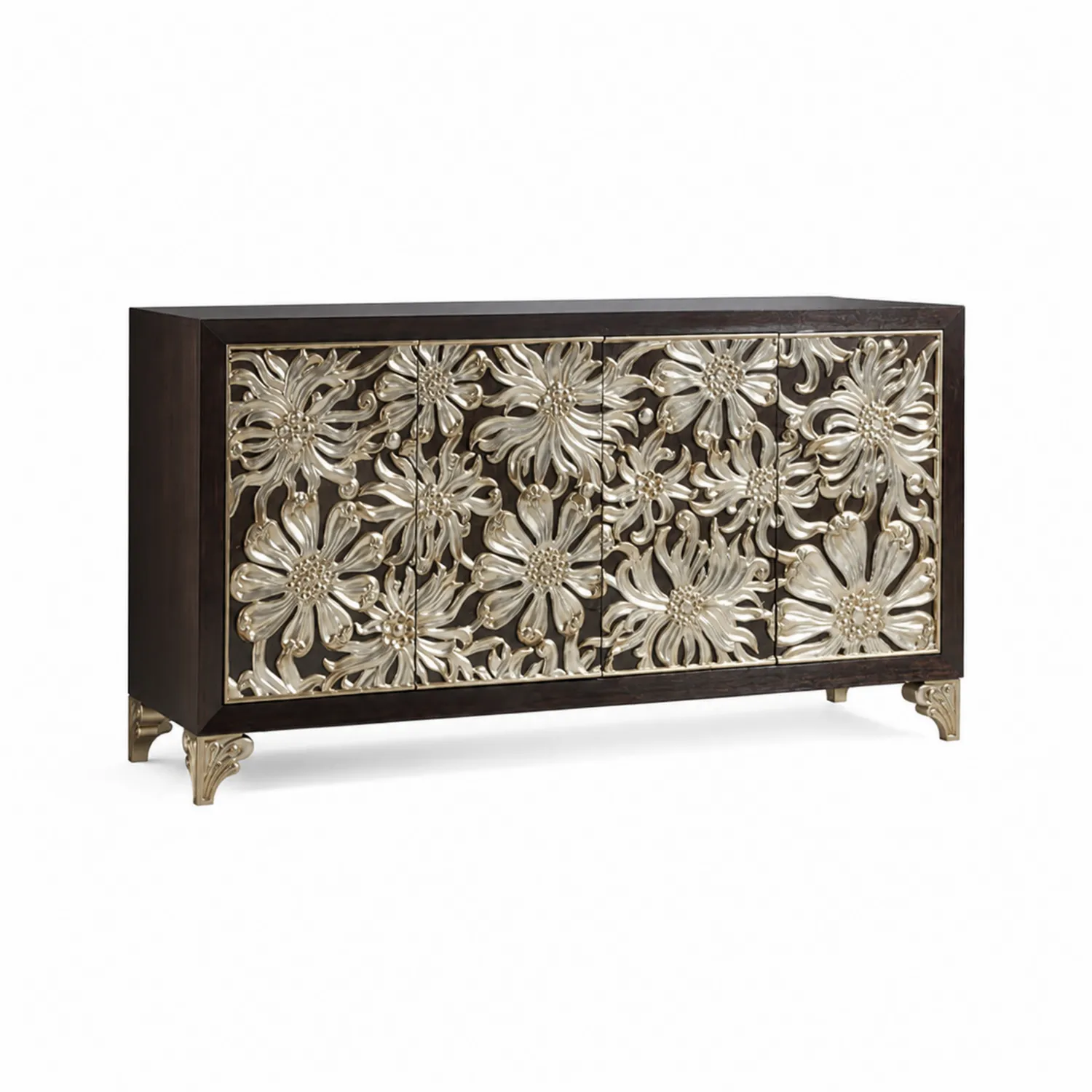 Credenza rettangolare in legno scuro con decorazioni floreali metalliche