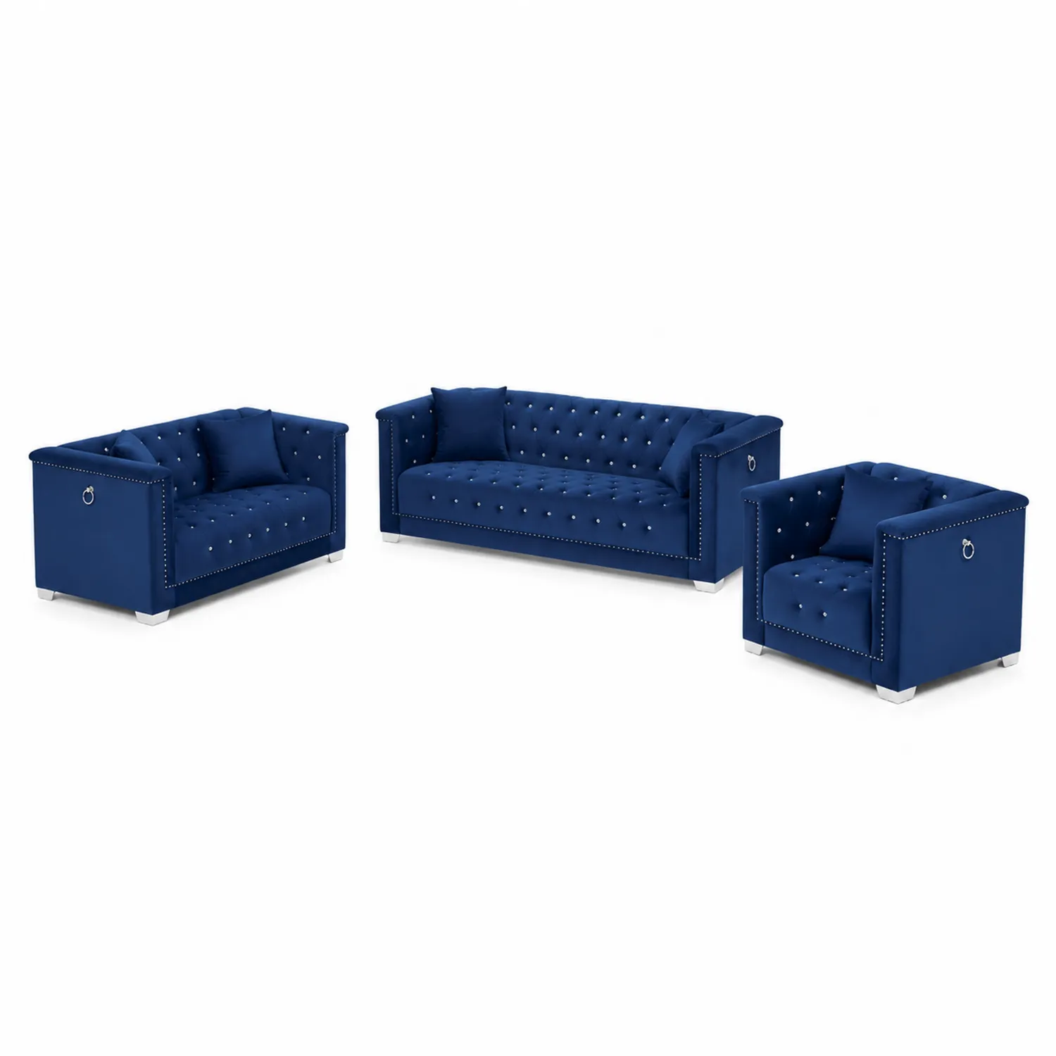 Set di Divani in Velluto Blu con Dettagli Imbottiti