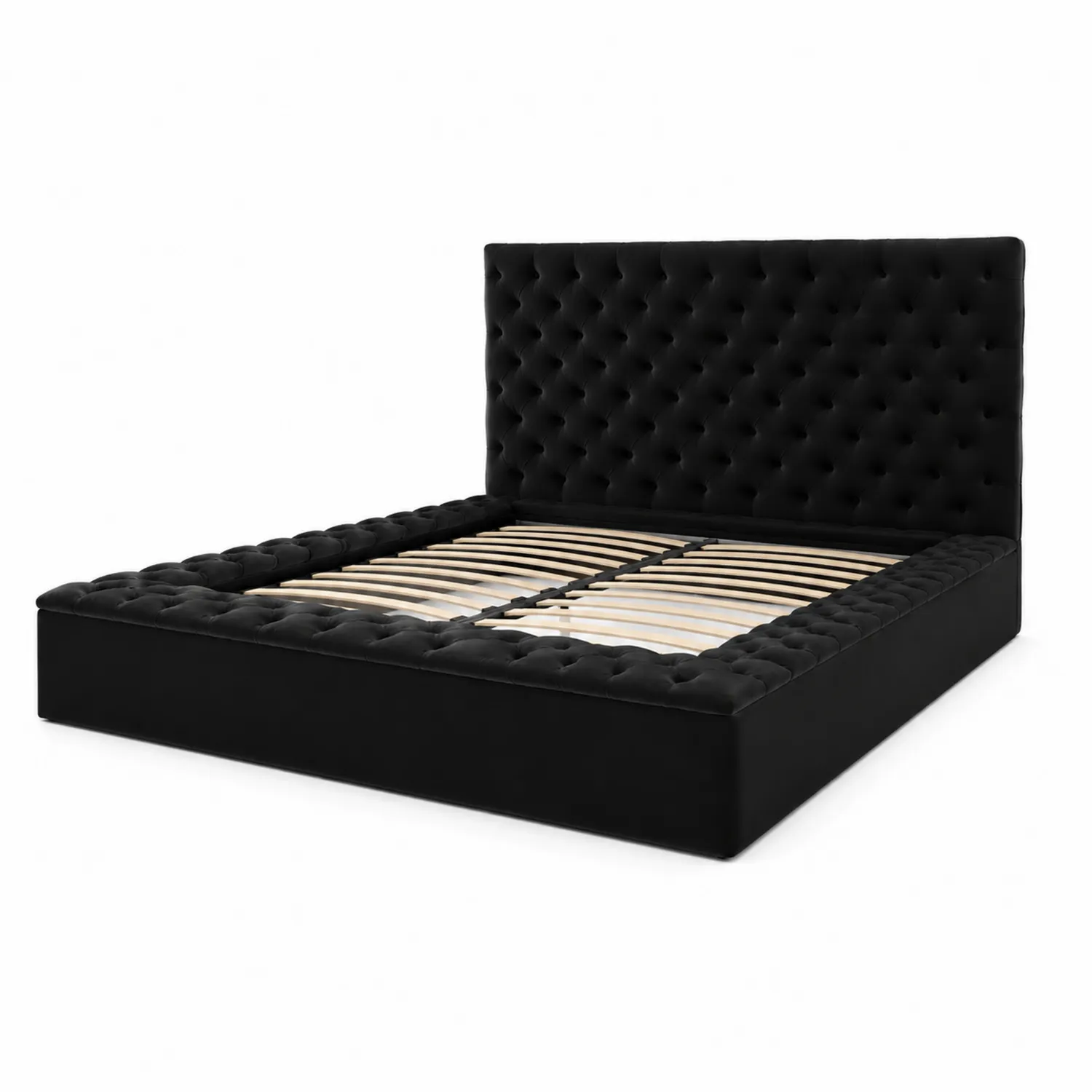 Letto matrimoniale in velluto nero con testiera trapuntata 200x160 cm