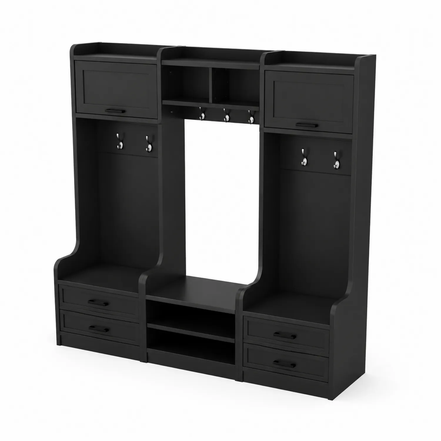 Appendiabiti in Legno Nero con Cassetti e Scaffali