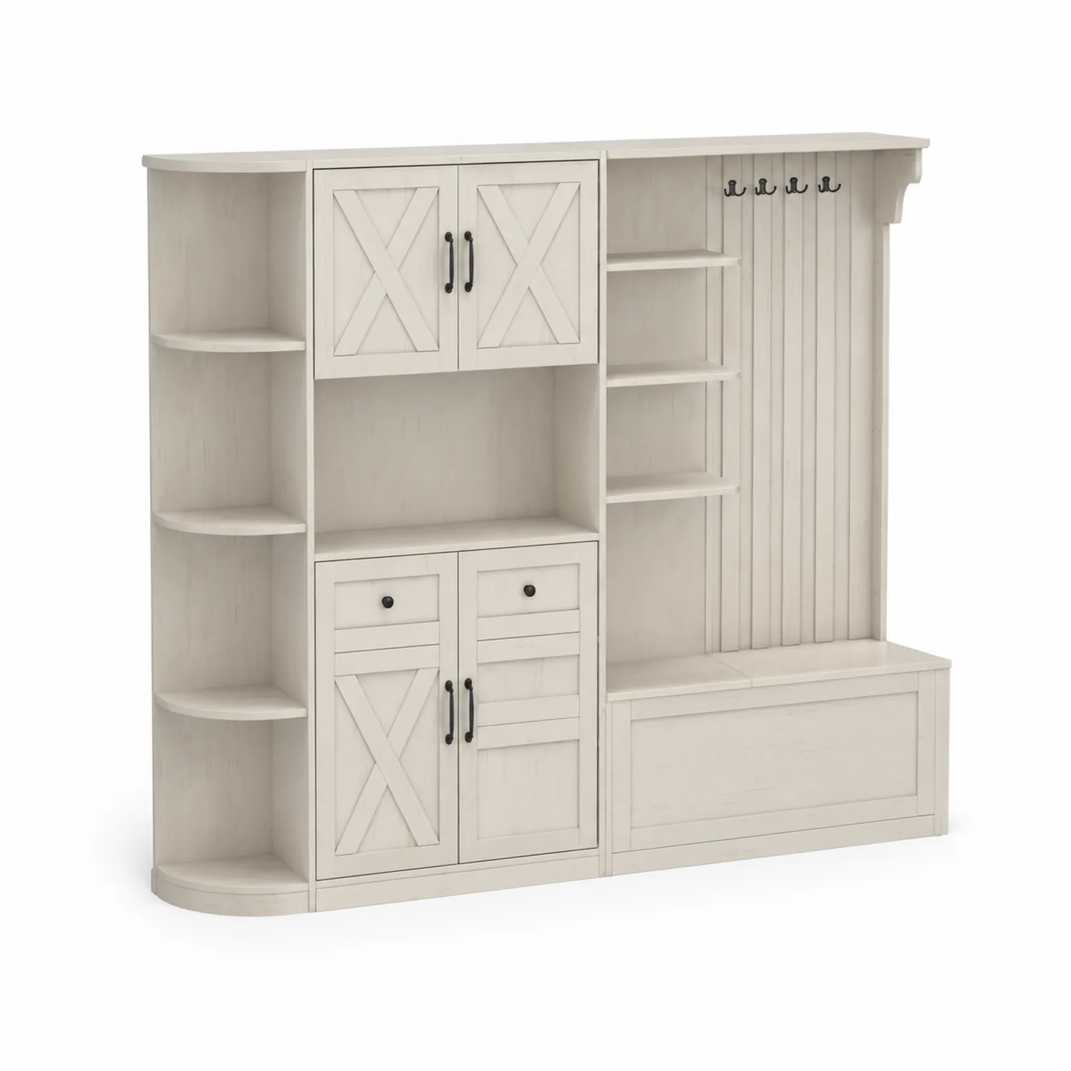 Parete attrezzata in legno MDF bianco con scaffali e armadietti