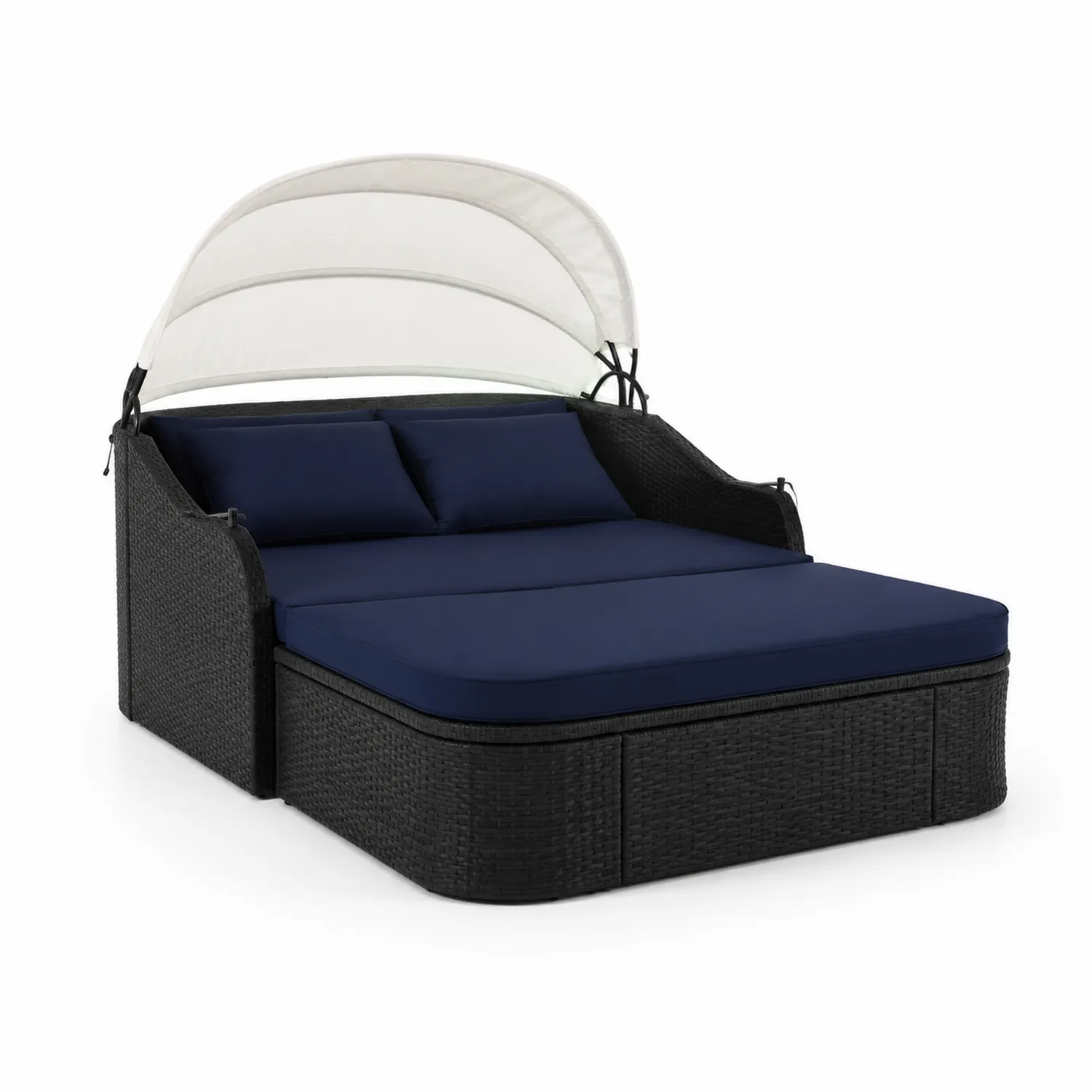 Divano da giardino in rattan con tettuccio regolabile e cuscini 200x180 cm