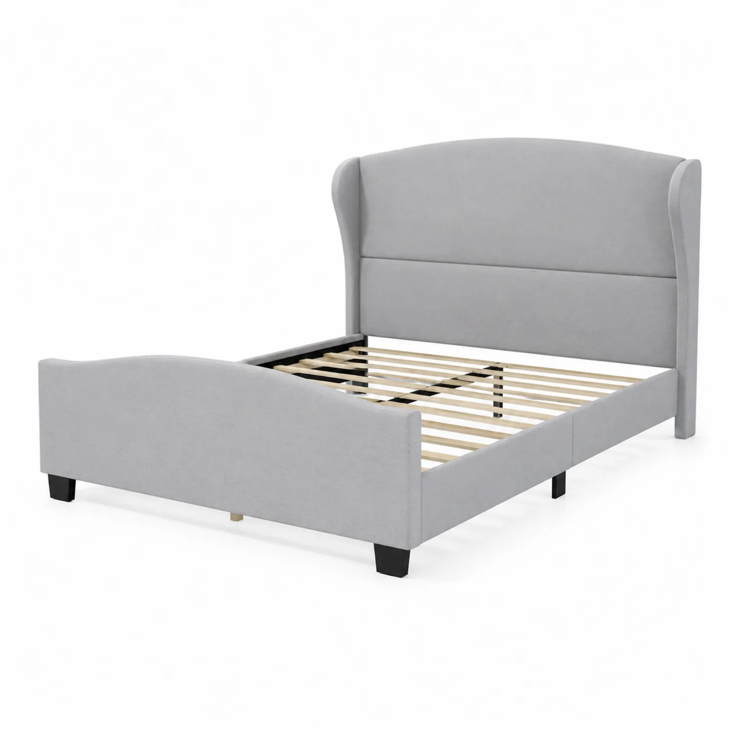 Letto matrimoniale con struttura in legno e imbottitura in tessuto poliestere grigio chiaro