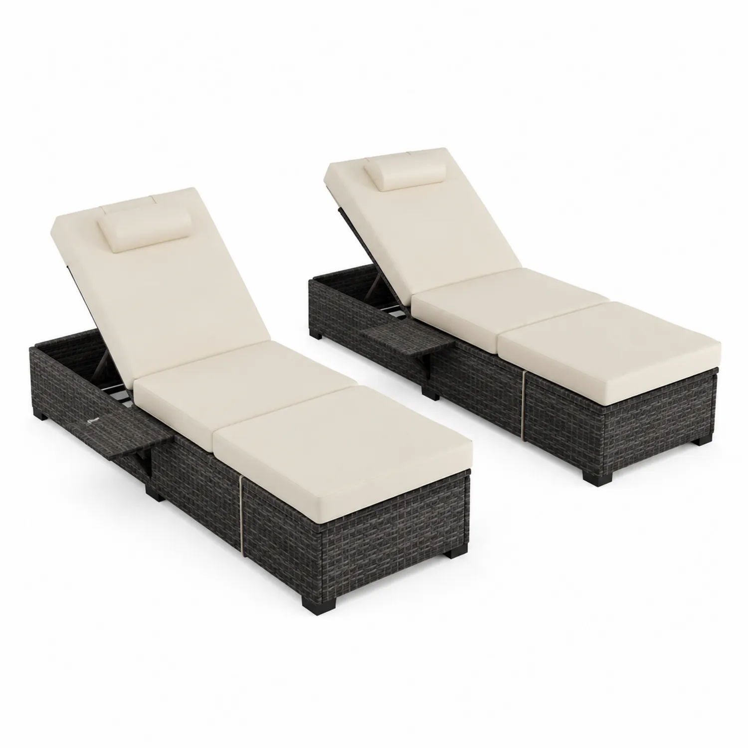 Set 2 Chaise Longue in Rattan Sintetico Nero con Cuscini in Poliestere Beige