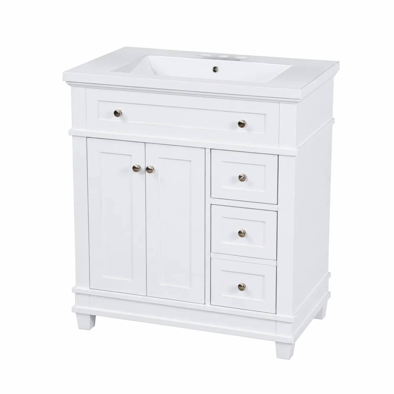 Base lavandino in legno bianco con lavandino integrato, 2 ante e 3 cassetti