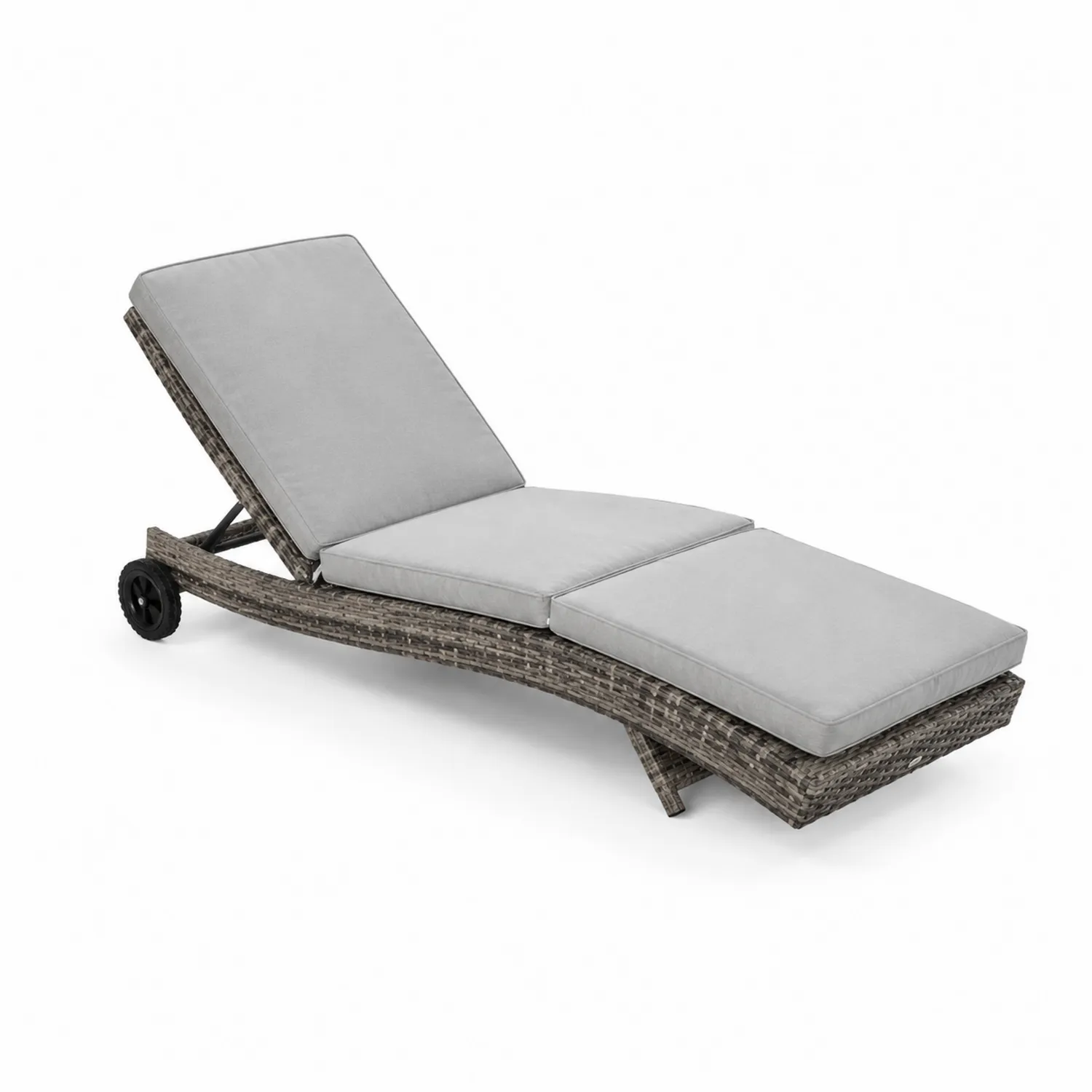 Chaise longue regolabile in rattan con cuscini in poliestere grigi