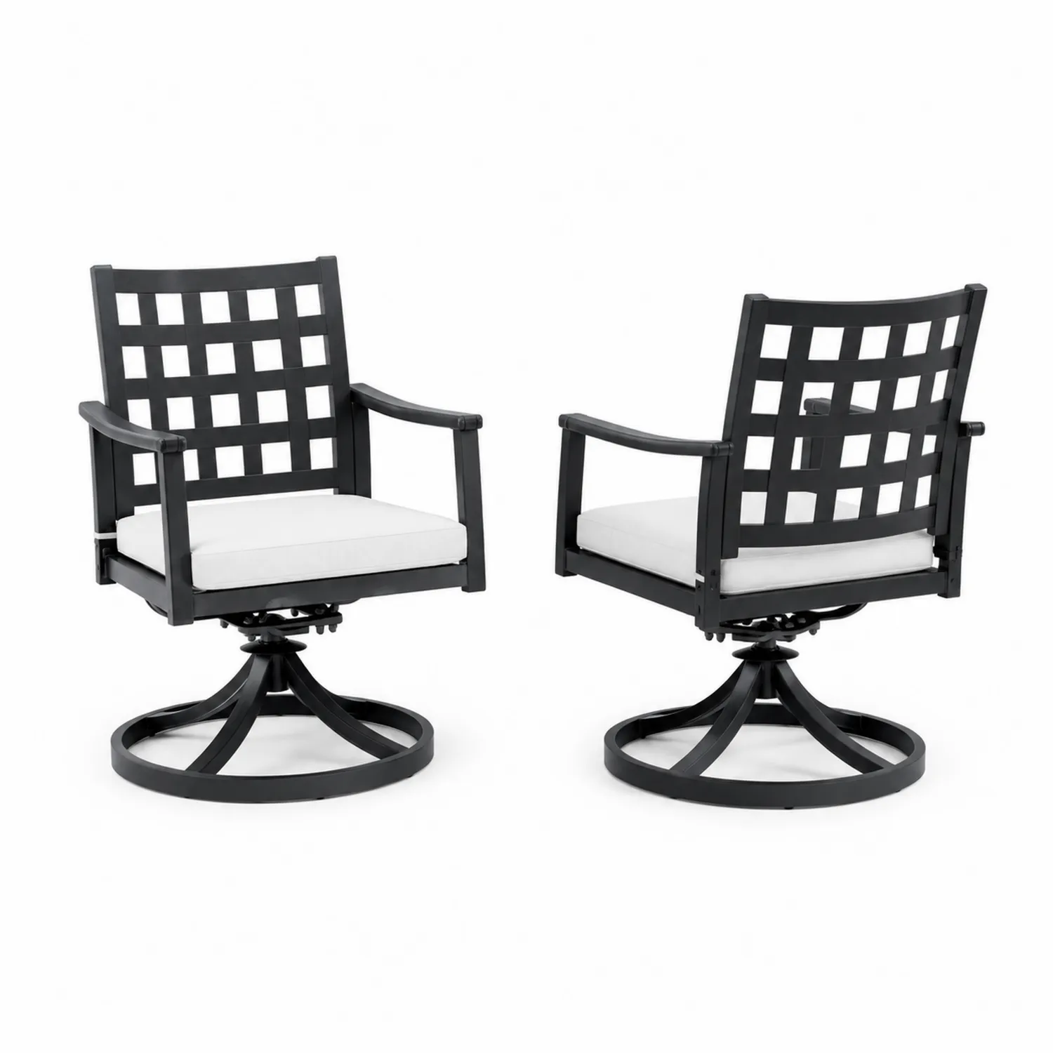 Set di Sedie da Giardino Girevoli in Metallo Nero con Cuscini Bianchi