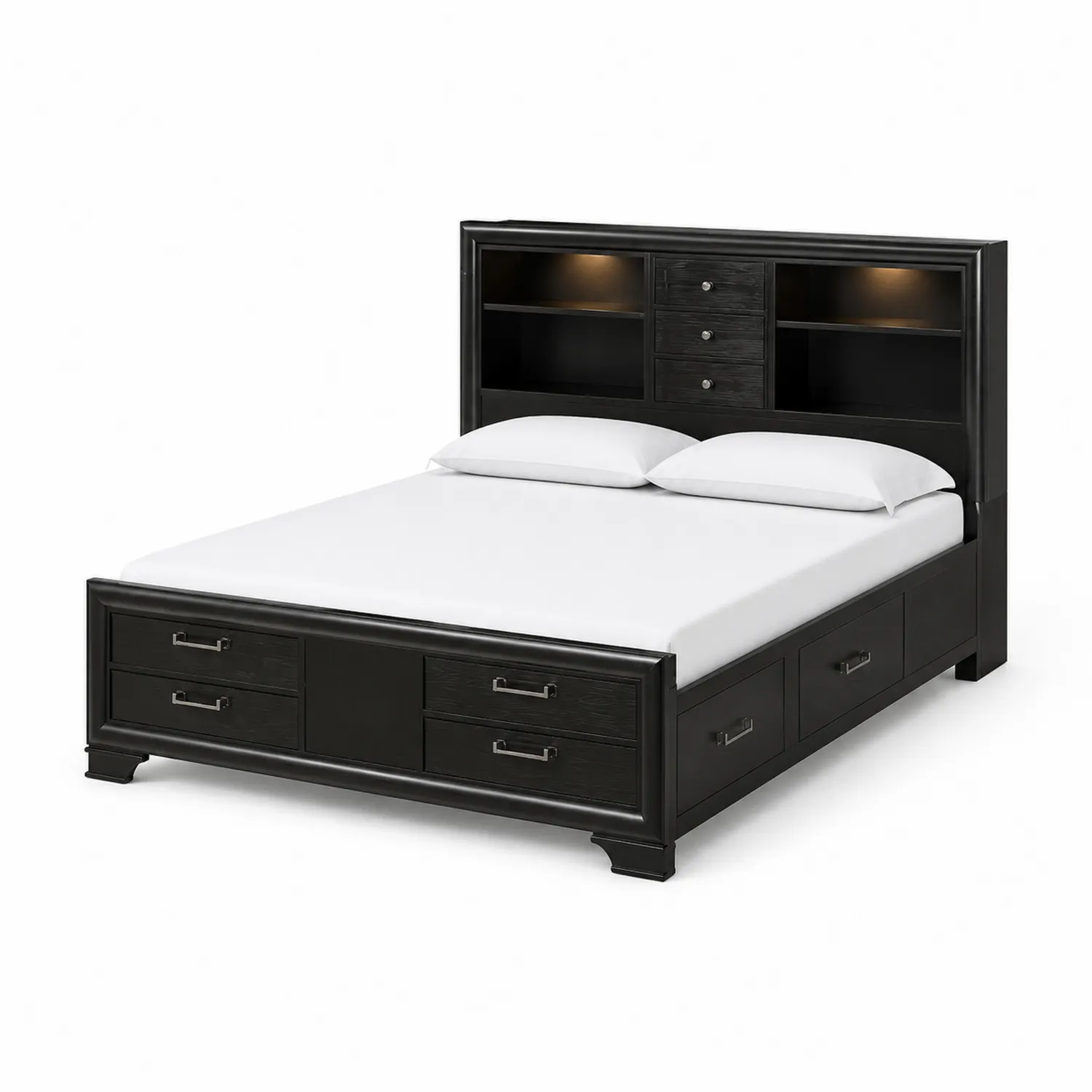 Letto Matrimoniale in Legno Massello Nero con Cassetti e Libreria