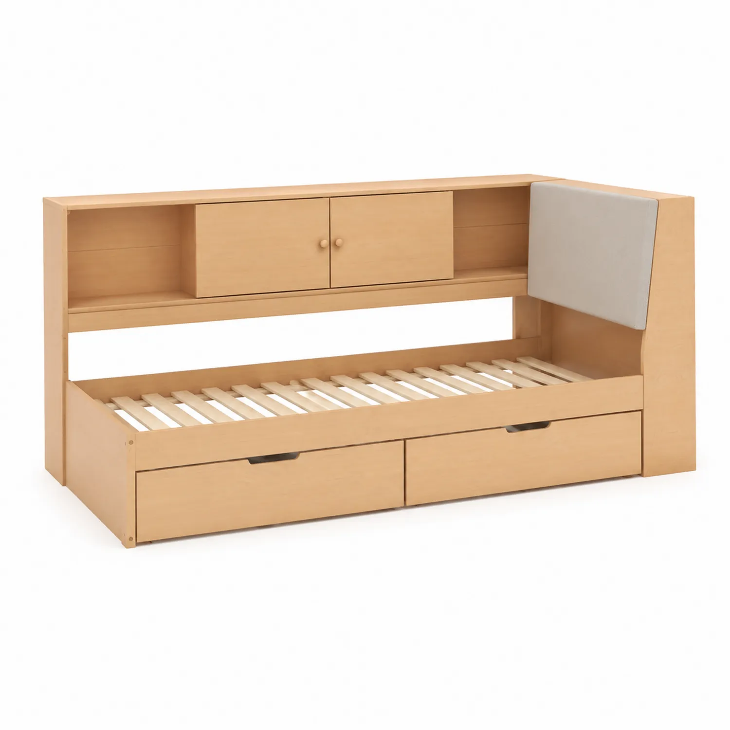 Letto singolo in legno chiaro con contenitore e mensola