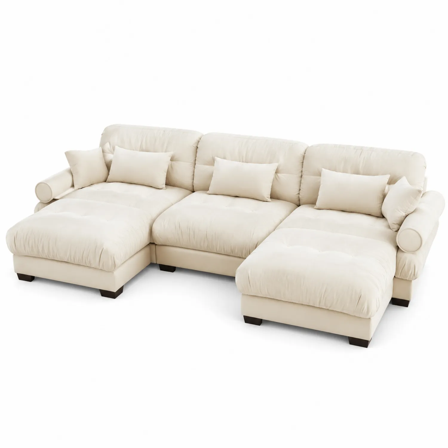 Divano angolare in tessuto crema con chaise longue e cuscini