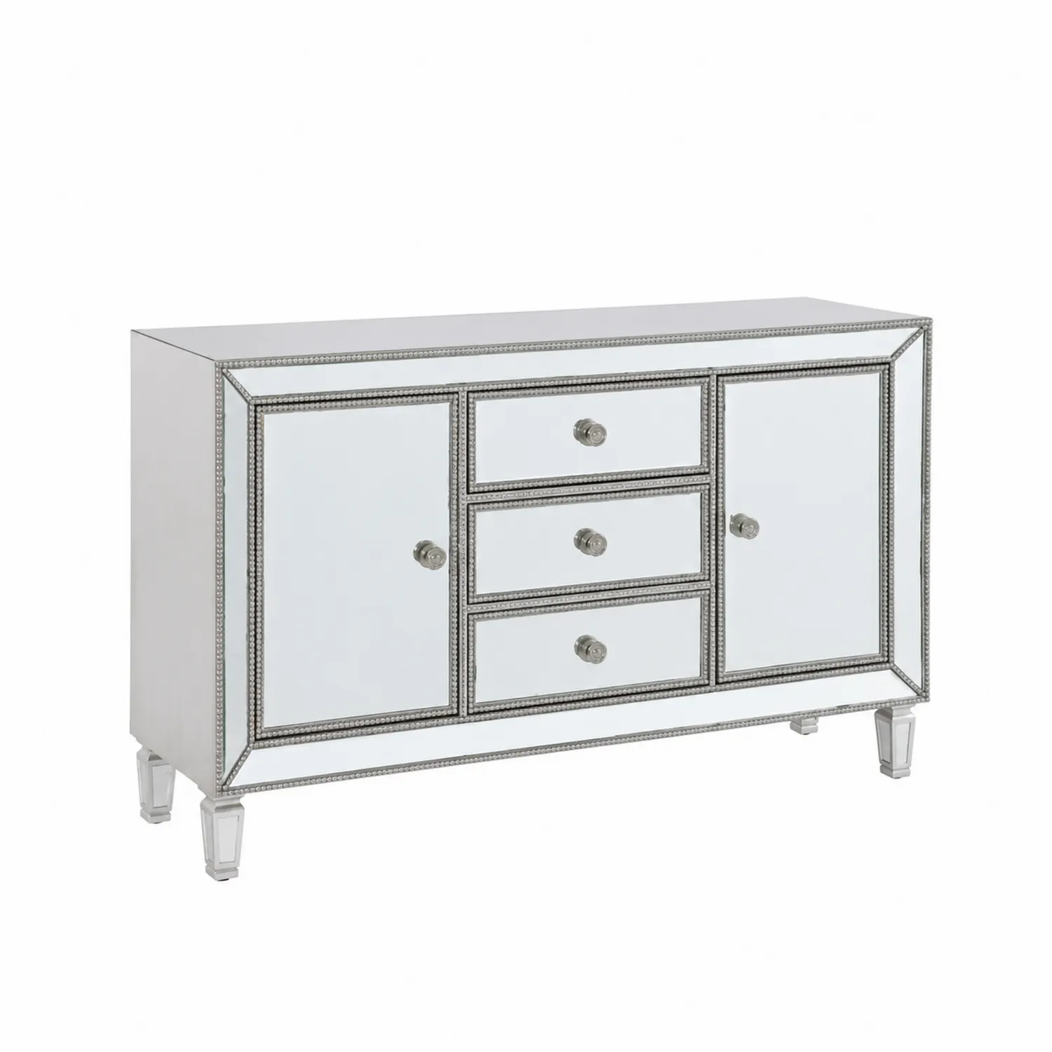Credenza con Vetro Temperato e Specchi, 2 Porte e 3 Cassetti