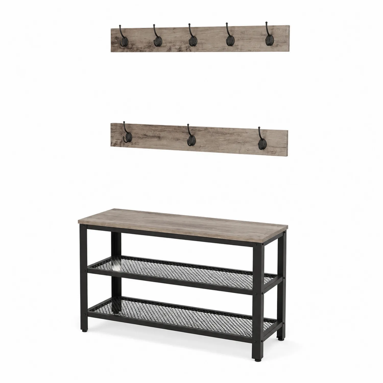 Set appendiabiti e panca in legno e metallo con ganci