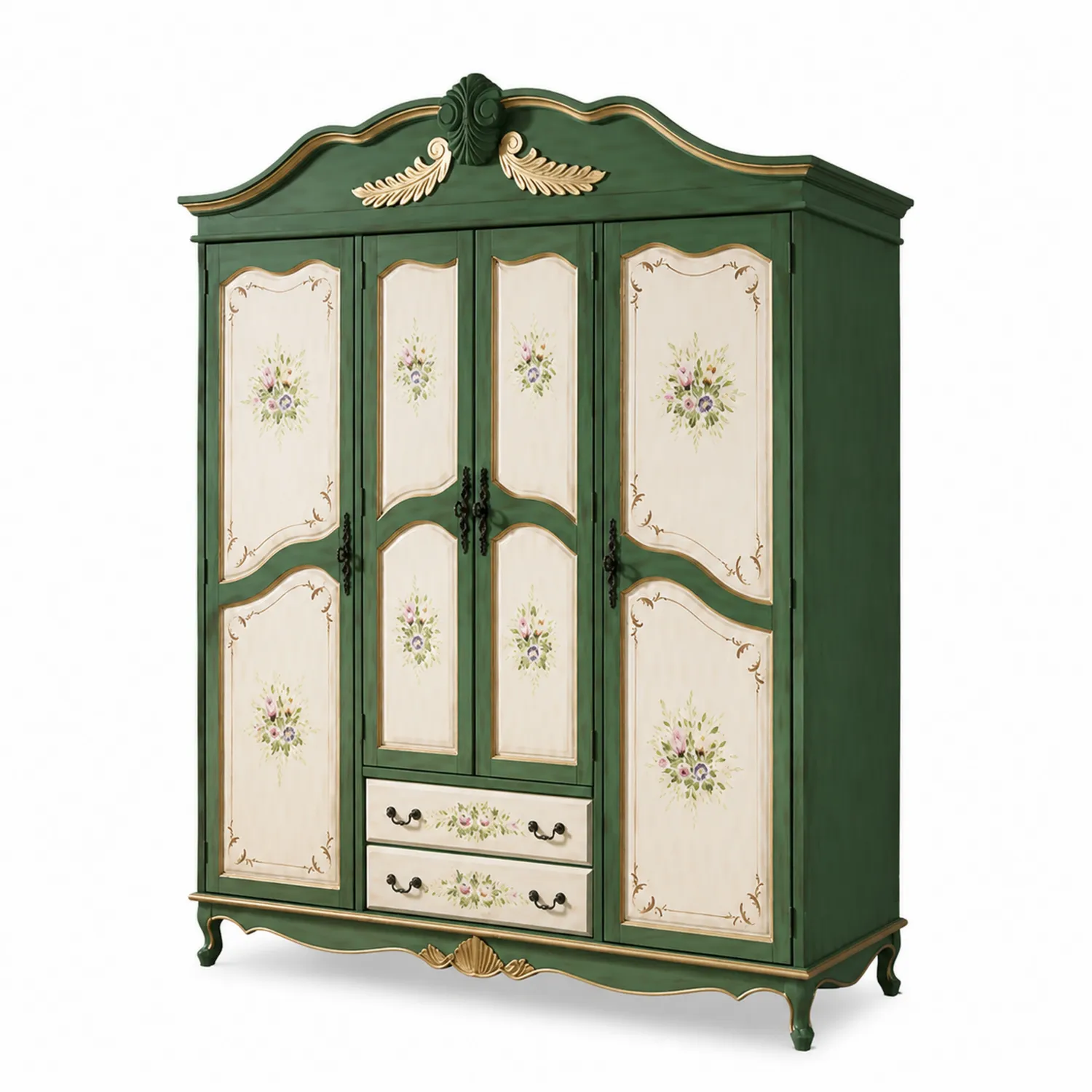 Armadio in legno decorato verde e avorio con motivi floreali