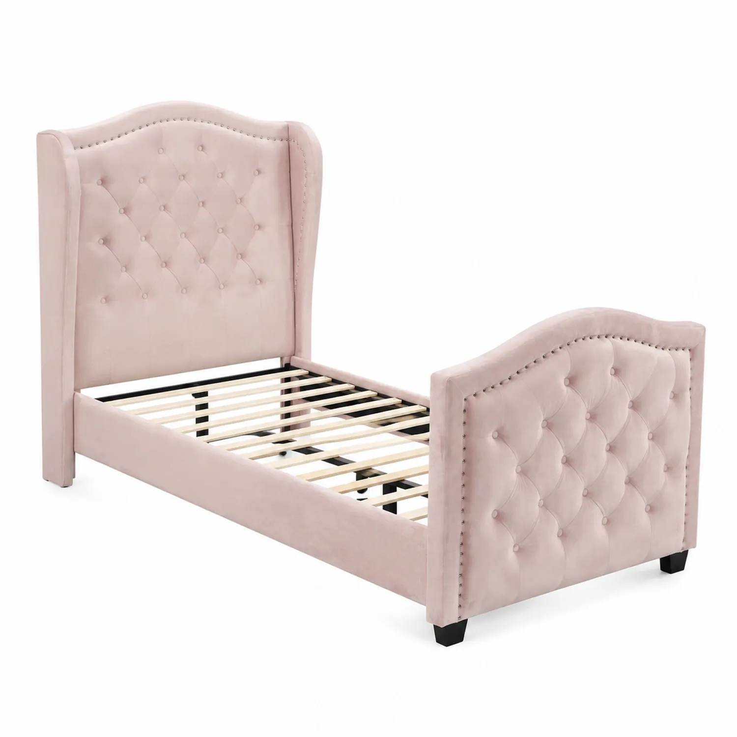 Letto singolo in velluto rosa con testiera trapuntata