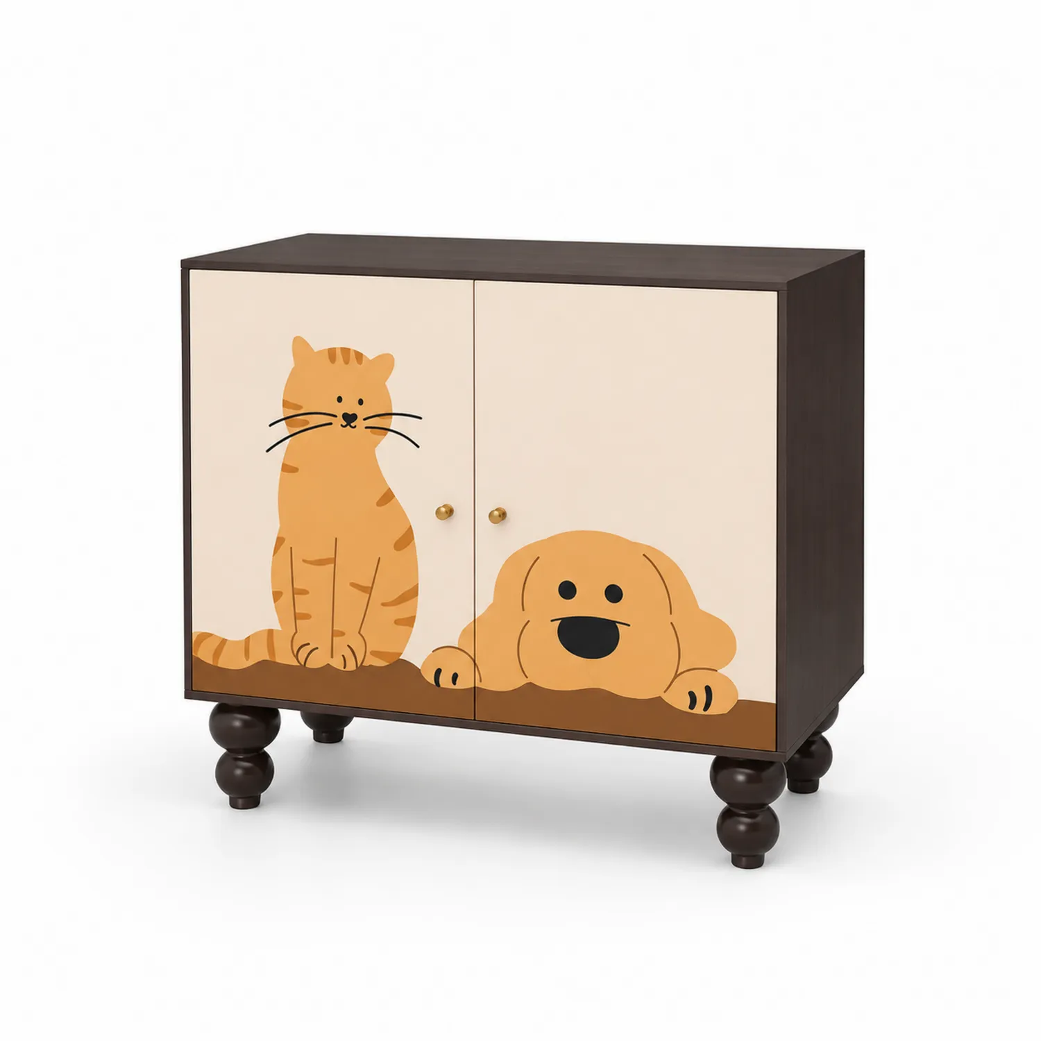 Armario infantil de madera con diseño de gato y perro, marrón y blanco, 80x40x88 cm-Novelvex