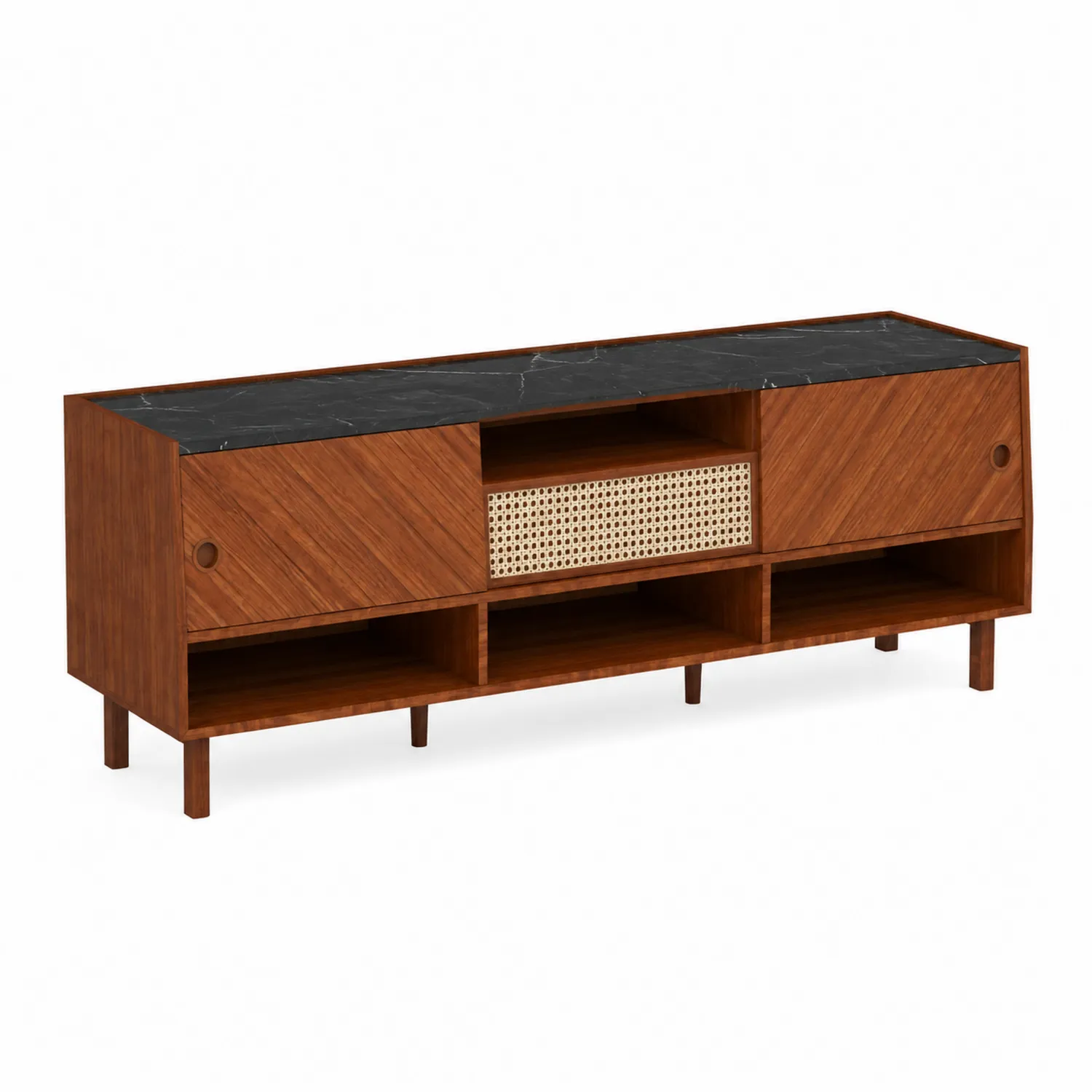Mueble para TV de Madera y Mármol Negro con Detalle de Mimbre 180x40x60 cm-Novelvex
