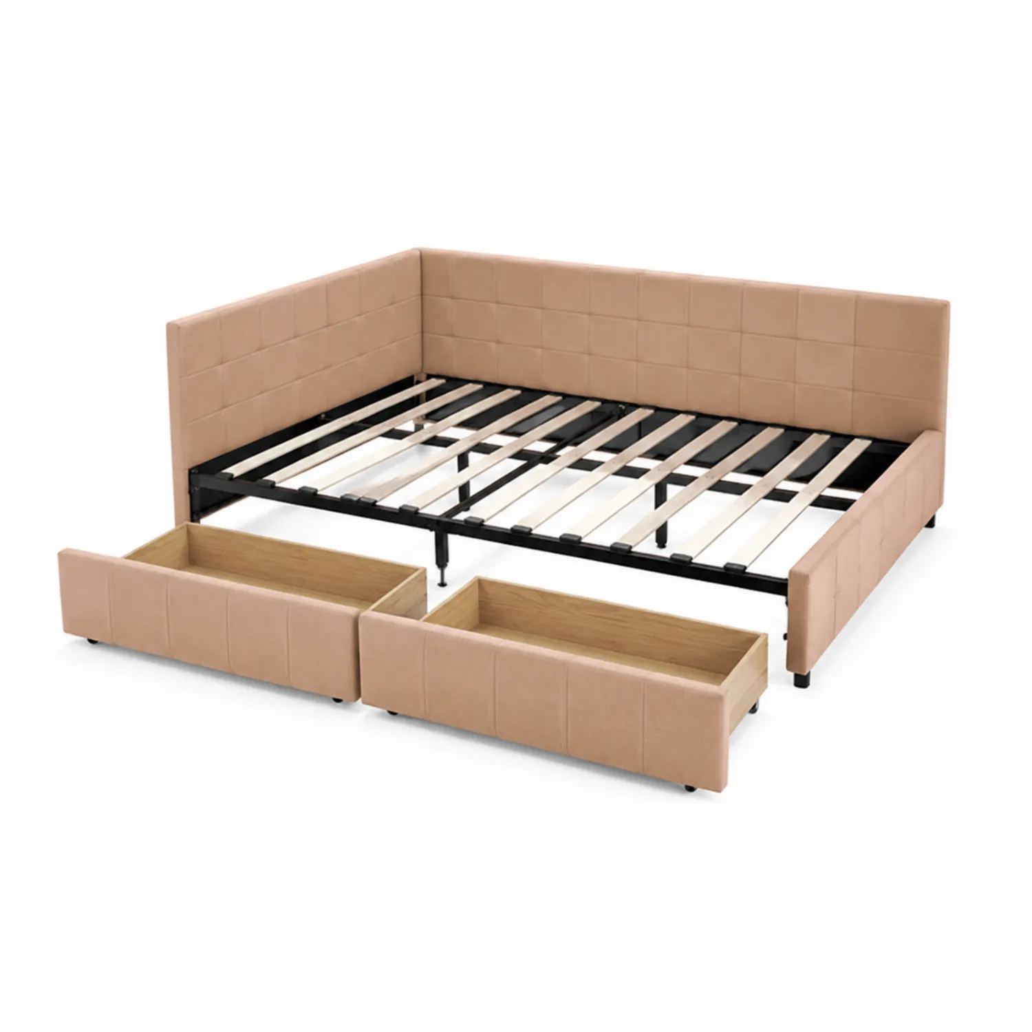 Cama de esquina con almacenamiento en polipiel beige-Novelvex