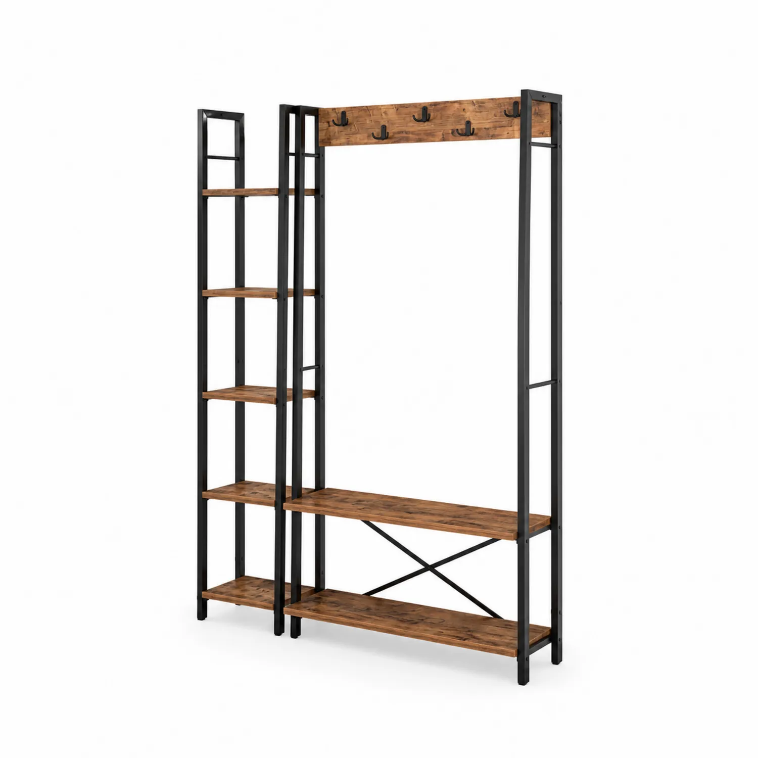 Perchero de metal y madera con estanterías y ganchos-Novelvex