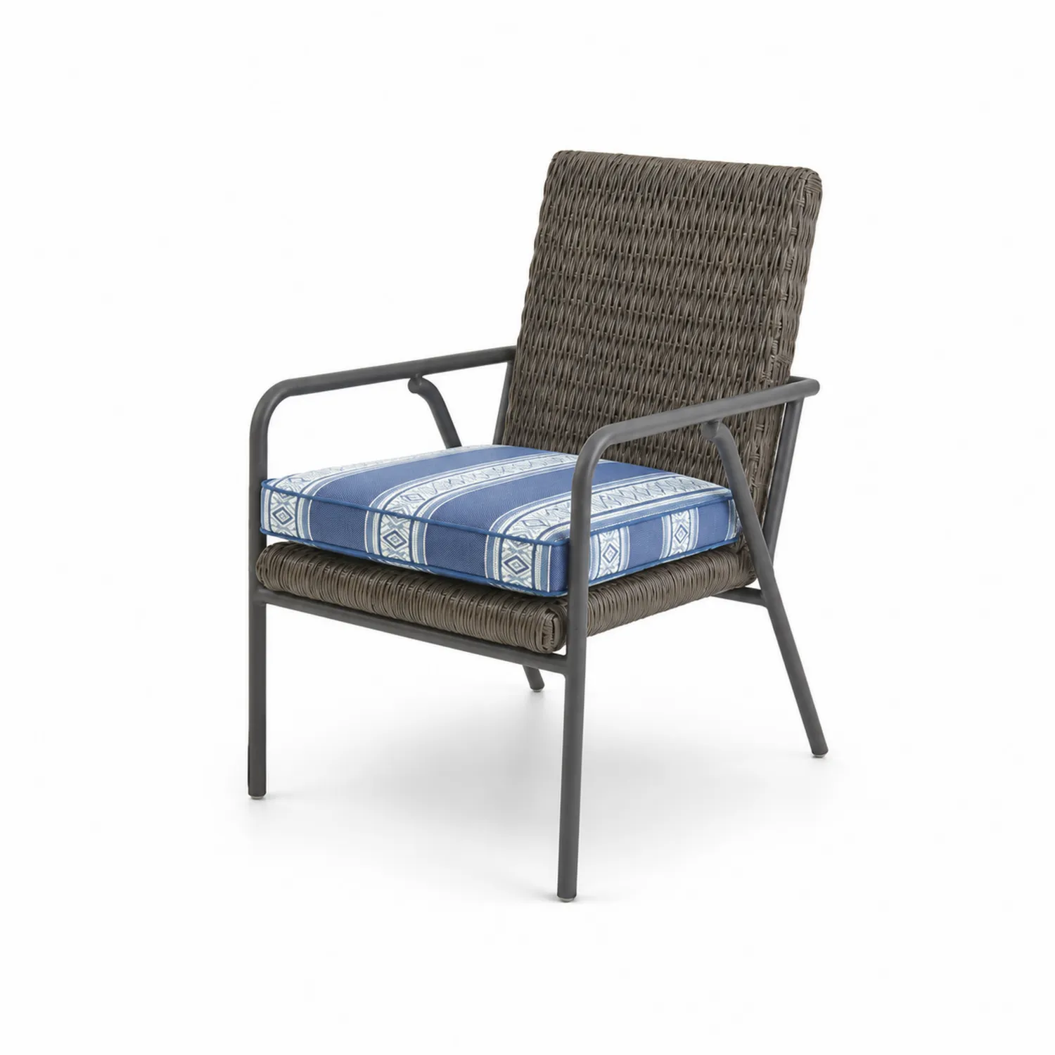 Silla de jardín de mimbre sintético marrón con cojín azul y estructura de acero-Novelvex