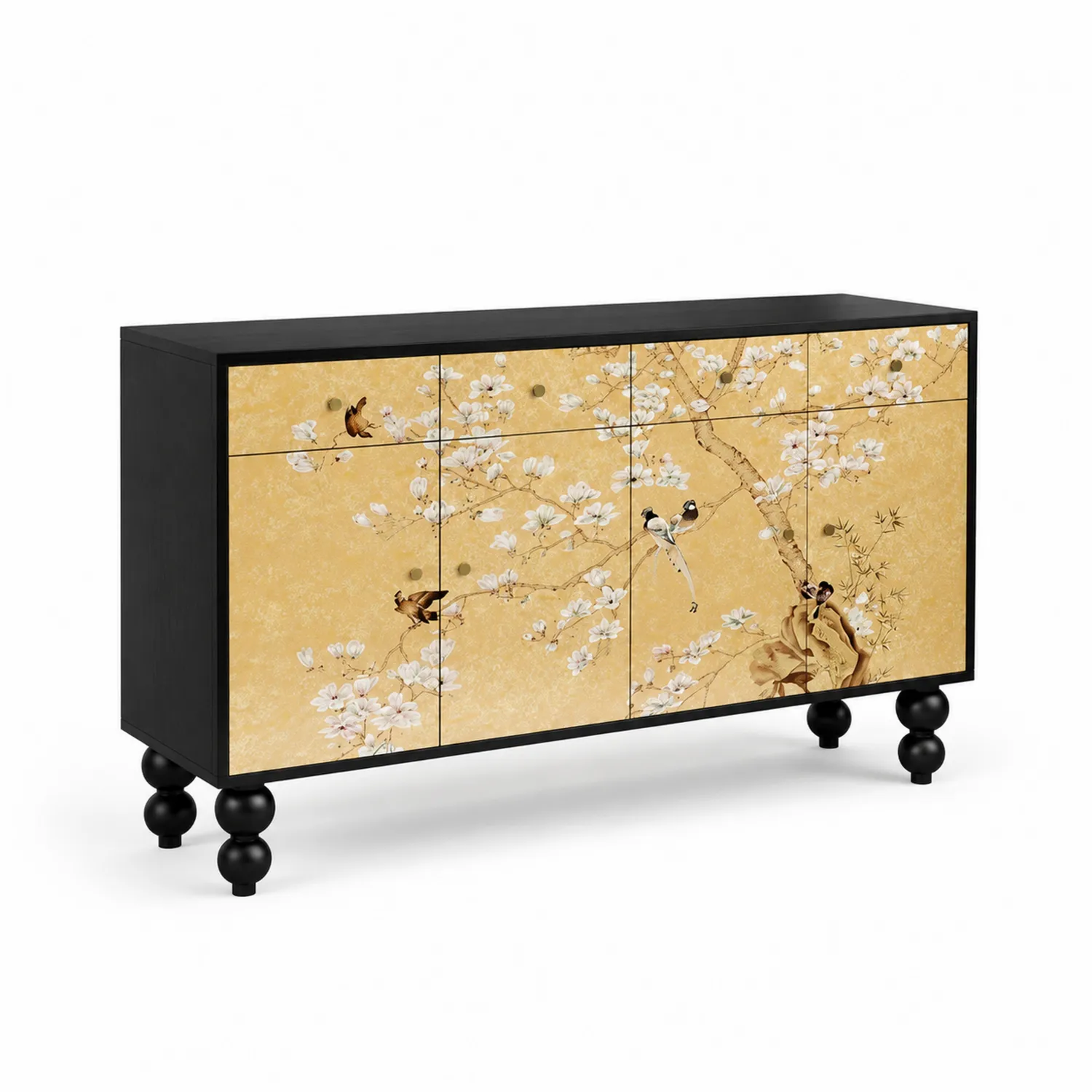 Aparador de Madera con Diseño Floral Oriental Negro y Dorado 150x40x80 cm-Novelvex