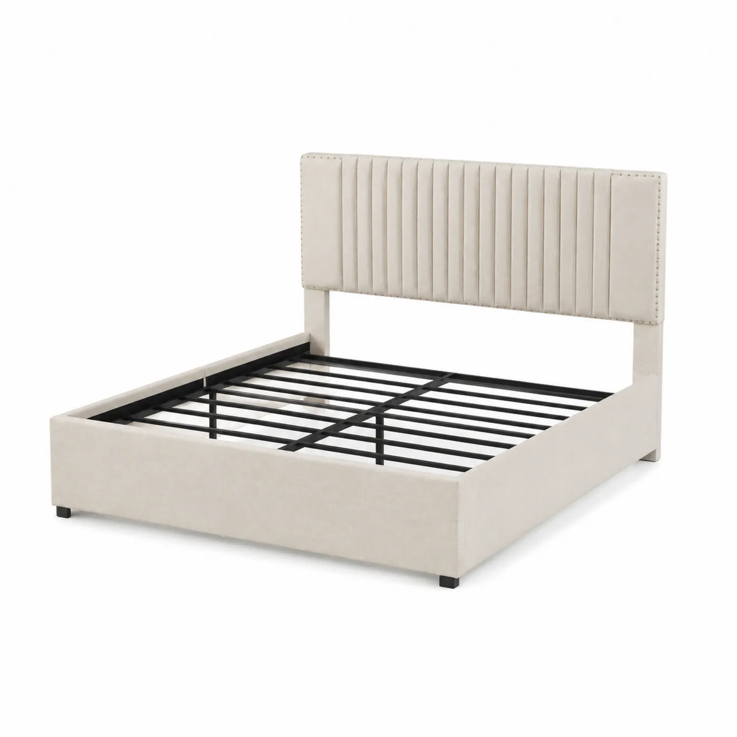Cama doble de madera tapizada en tela de poliéster beige-Novelvex