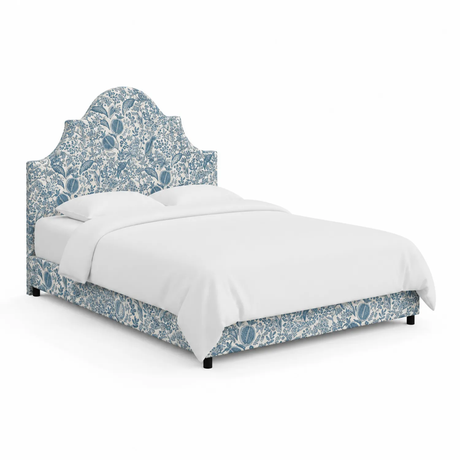 Cama tapizada en madera y poliéster con estampado floral azul 200x150 cm-Novelvex
