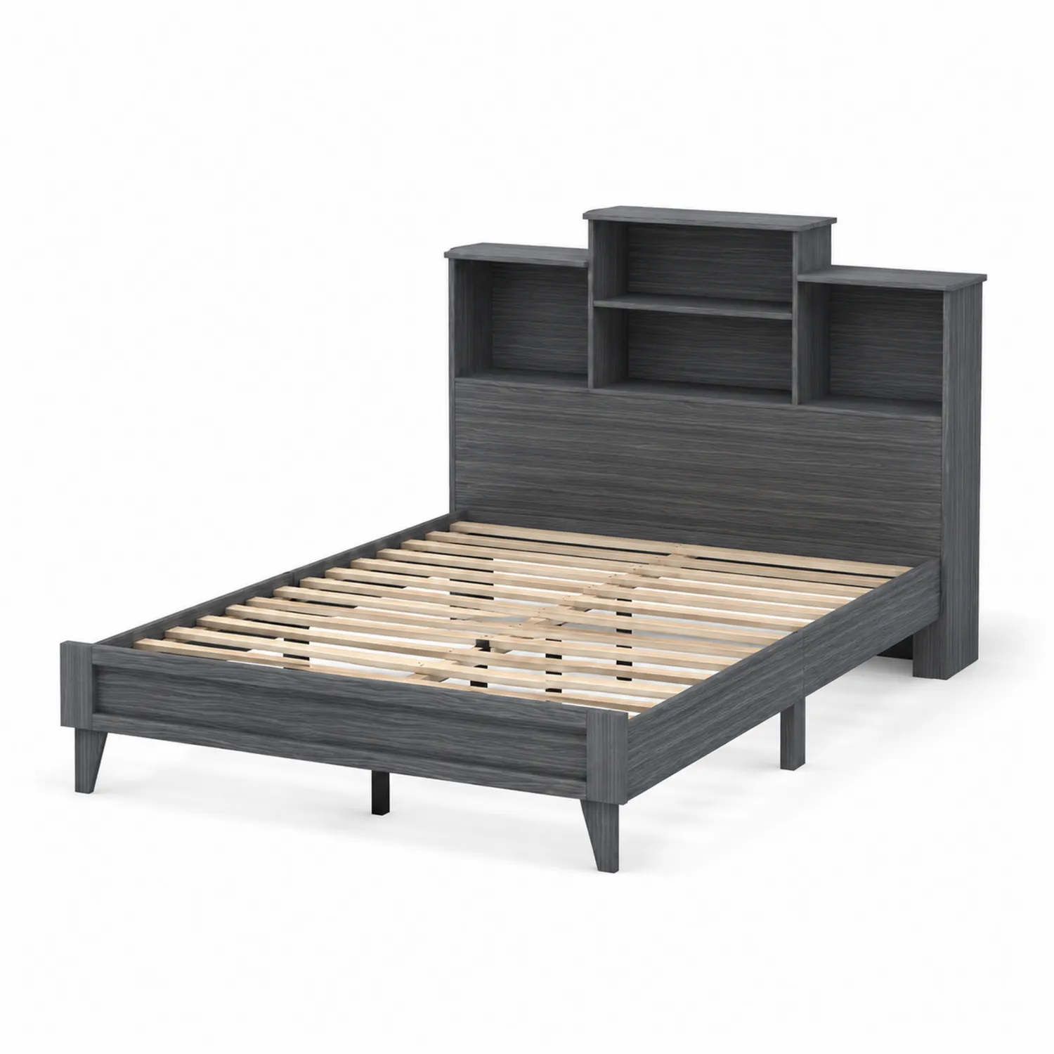 Cama de Madera con Cabecera y Estantes Integrados Gris-Novelvex
