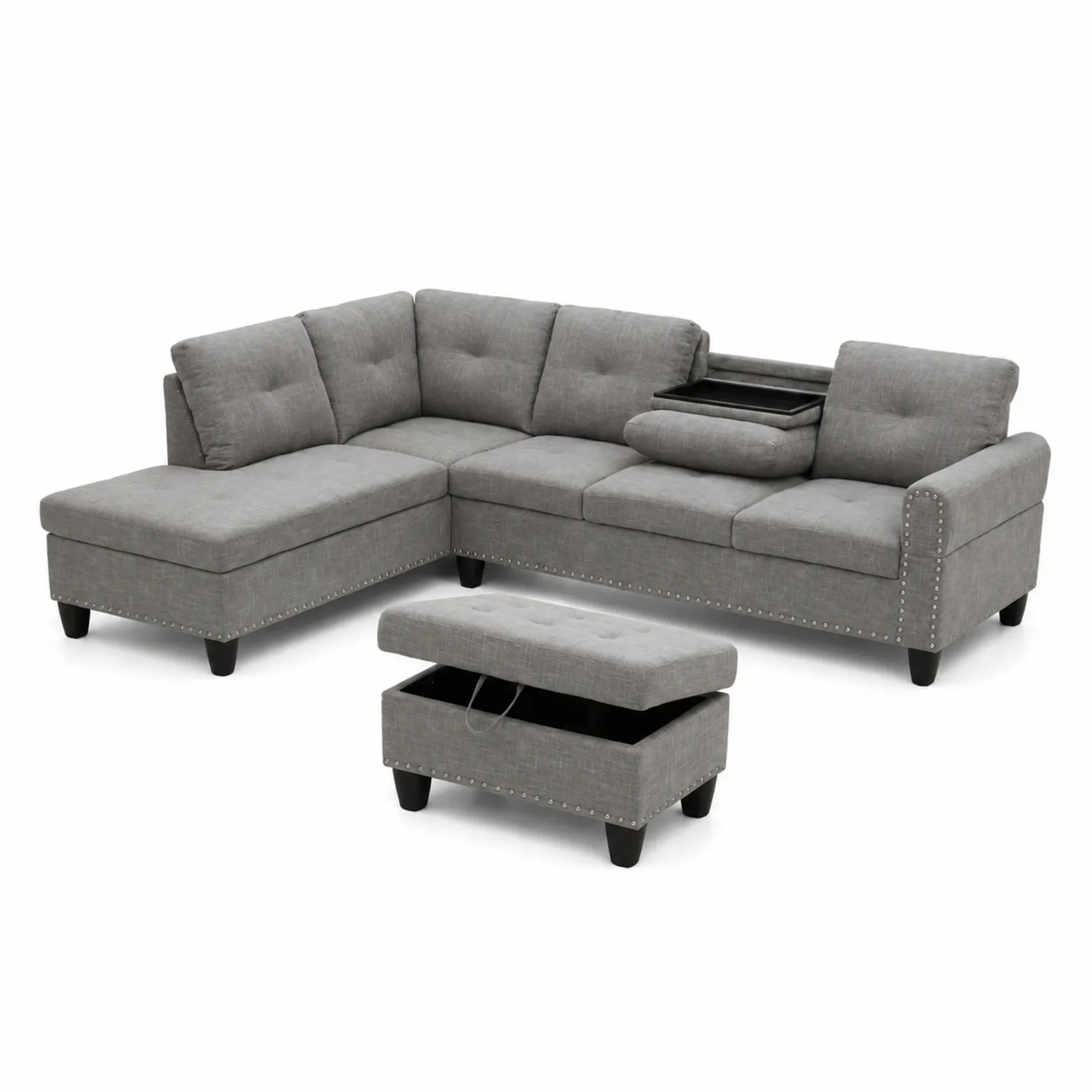 Sofá modular en L de tela con chaise longue y reposapiés con almacenamiento-Novelvex