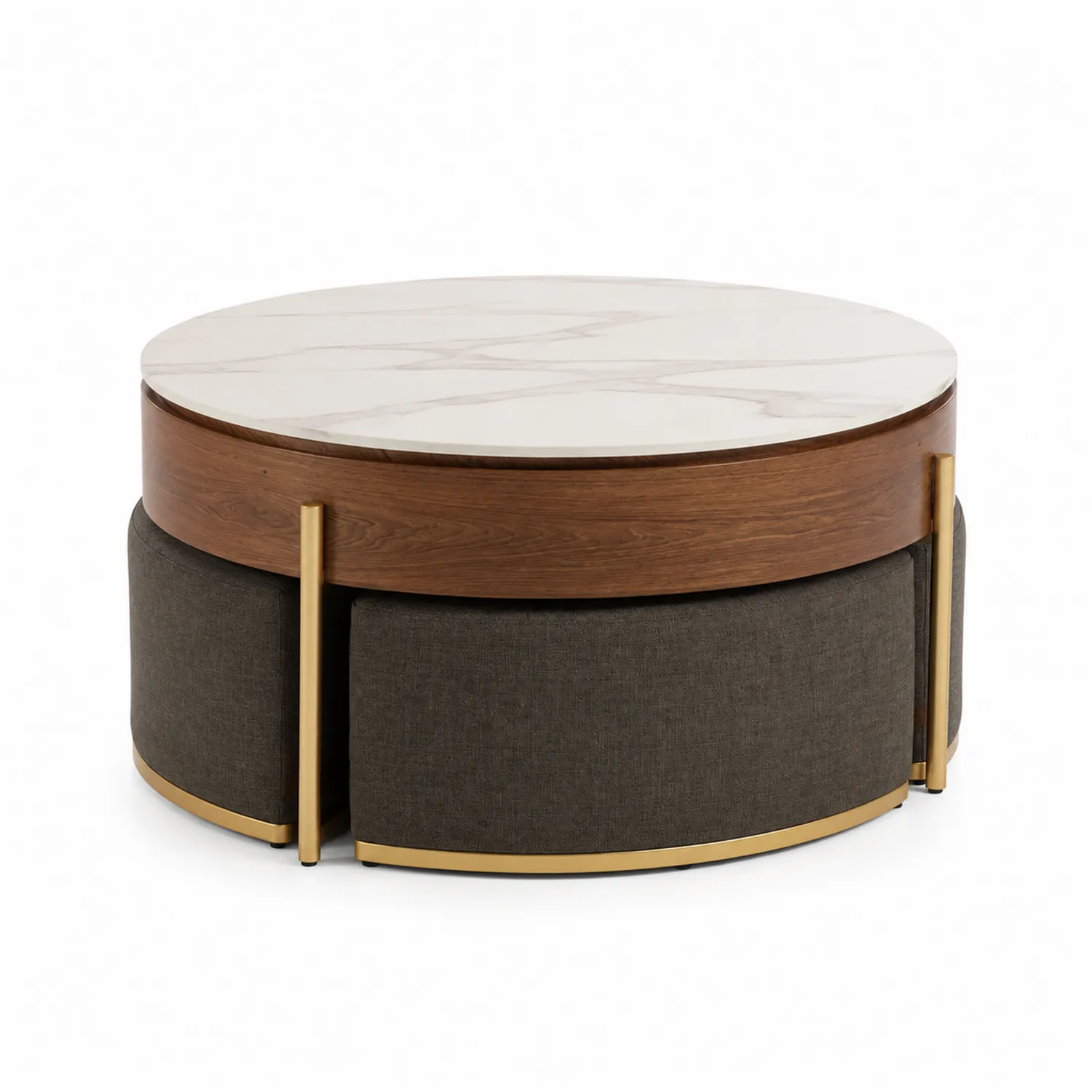 Mesa de café redonda de mármol y madera con taburetes integrados-Novelvex