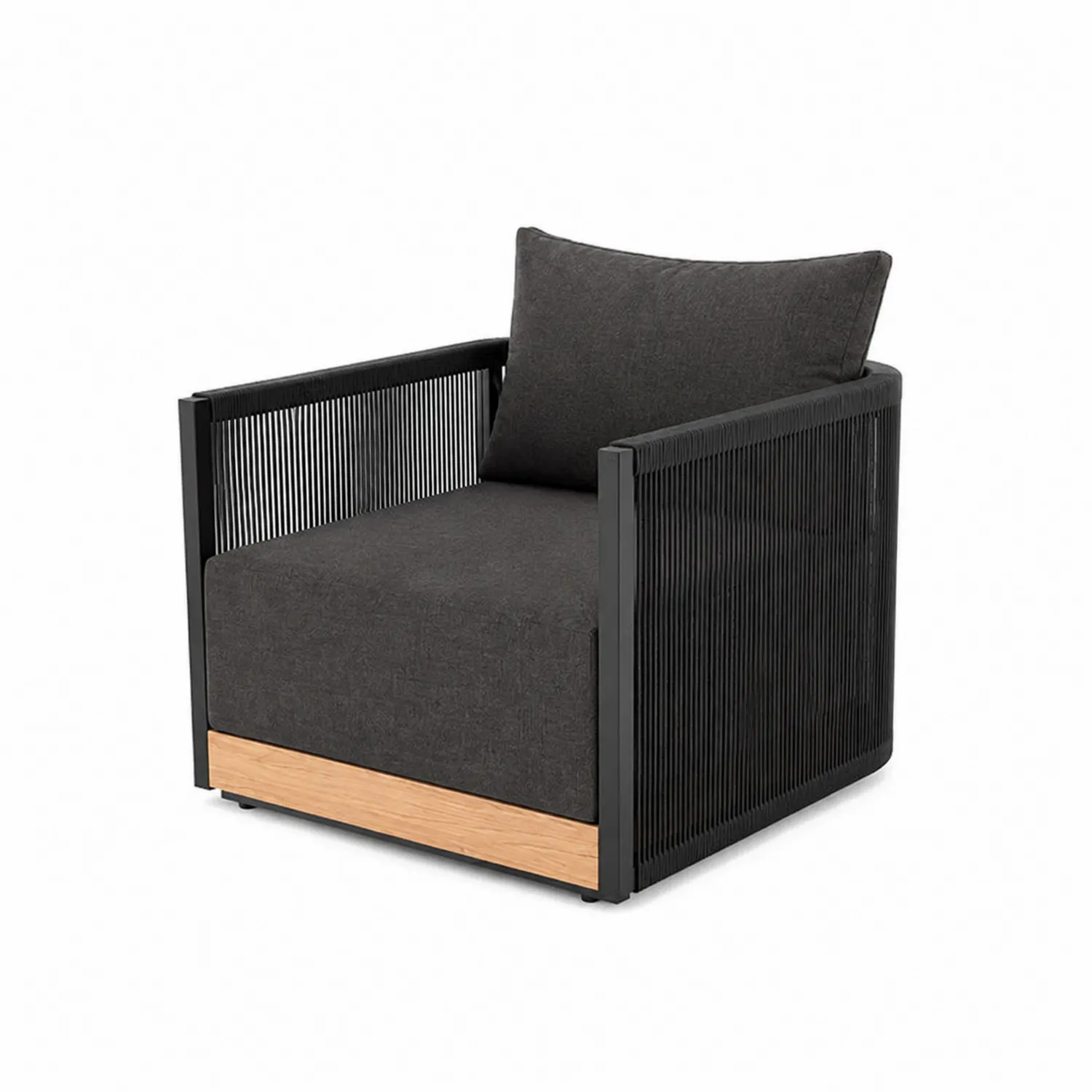 Fauteuil en aluminium et corde tressée Noir avec base en bois 80x70x75cm