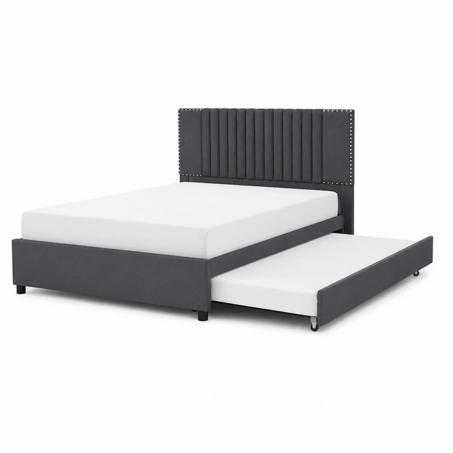 Lit double en tissu avec tête de lit à lattes et tiroir de rangement
