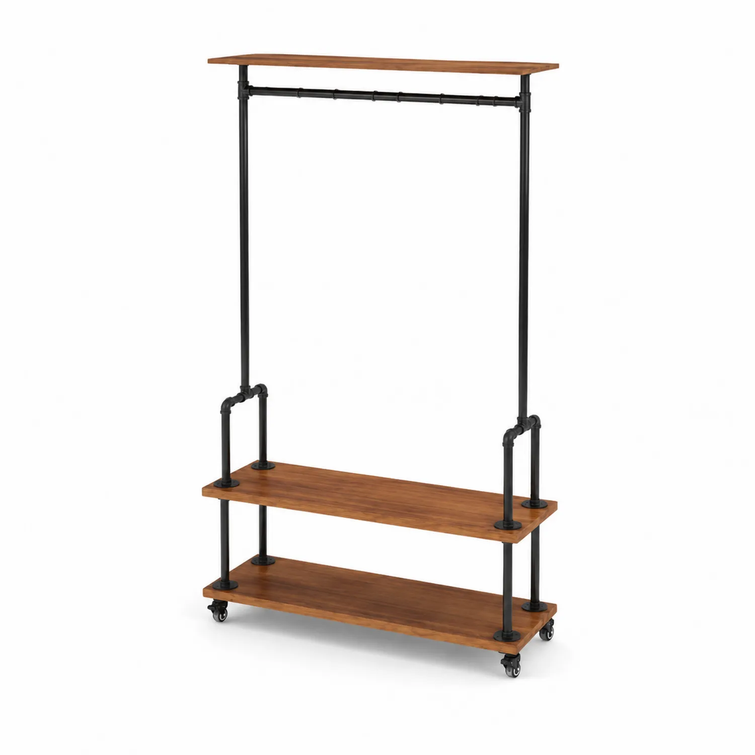 Portant à vêtements en métal noir avec étagères en bois d'acacia marron