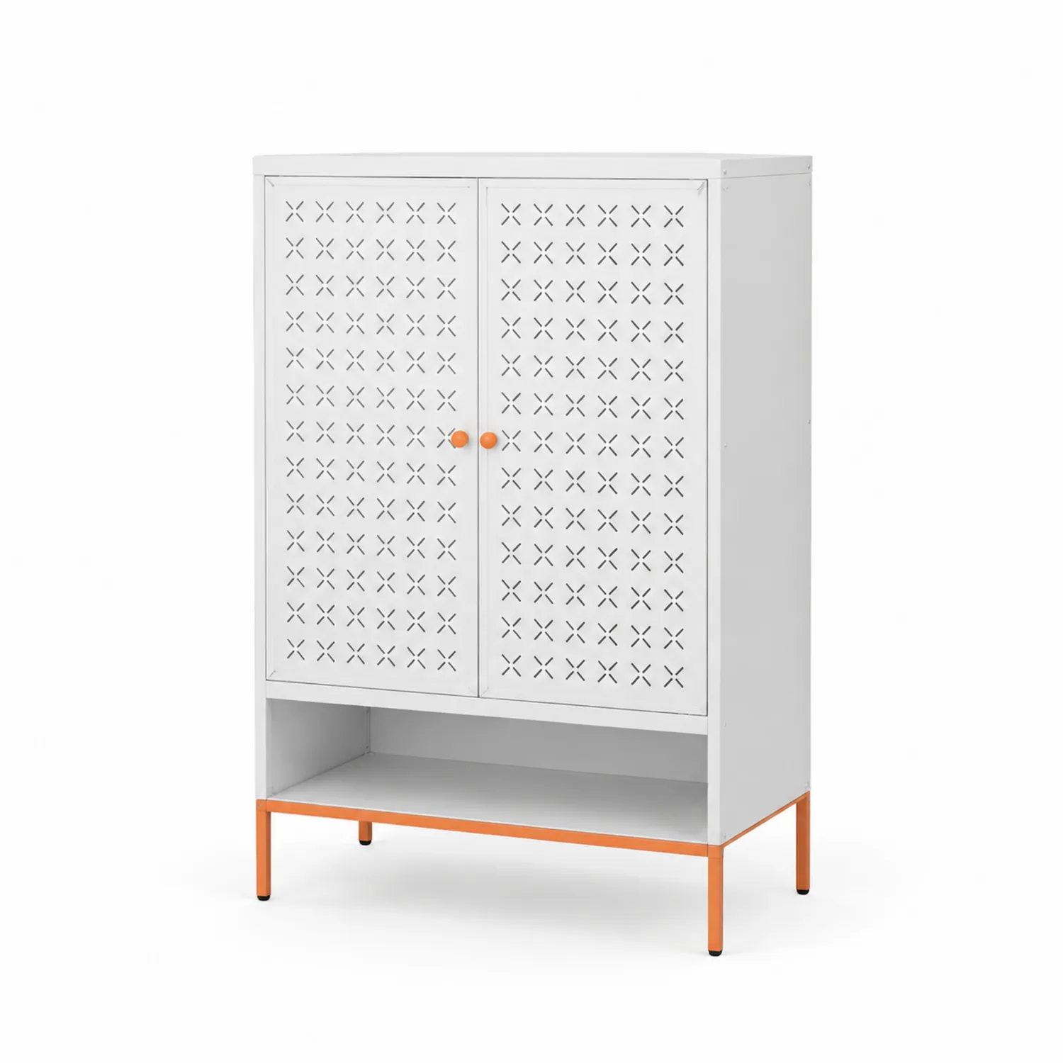 Armoire à chaussures en métal blanc avec portes ajourées et étagère orange